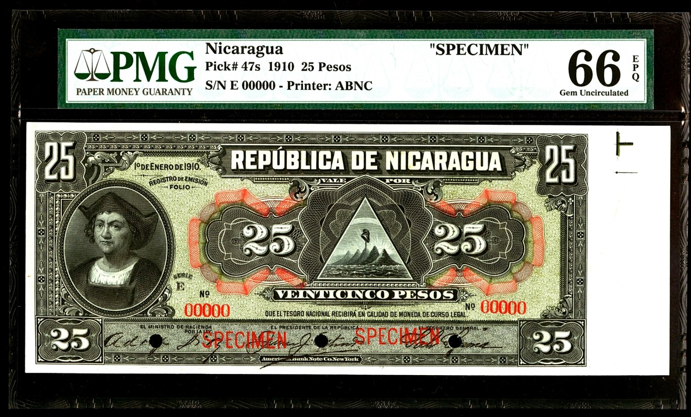 【Blue Auction】✨世界纸币精拍第342期【精】 【冠军分 仅2张 百年风云】尼加拉瓜 1910年25比索 PMG66EPQ 带原始白边超大票幅 正面航海家哥伦布 背面英雄士兵蒙托亚纪念碑 ABNC出品 实物雕刻非常细腻 非常少见 样钞 