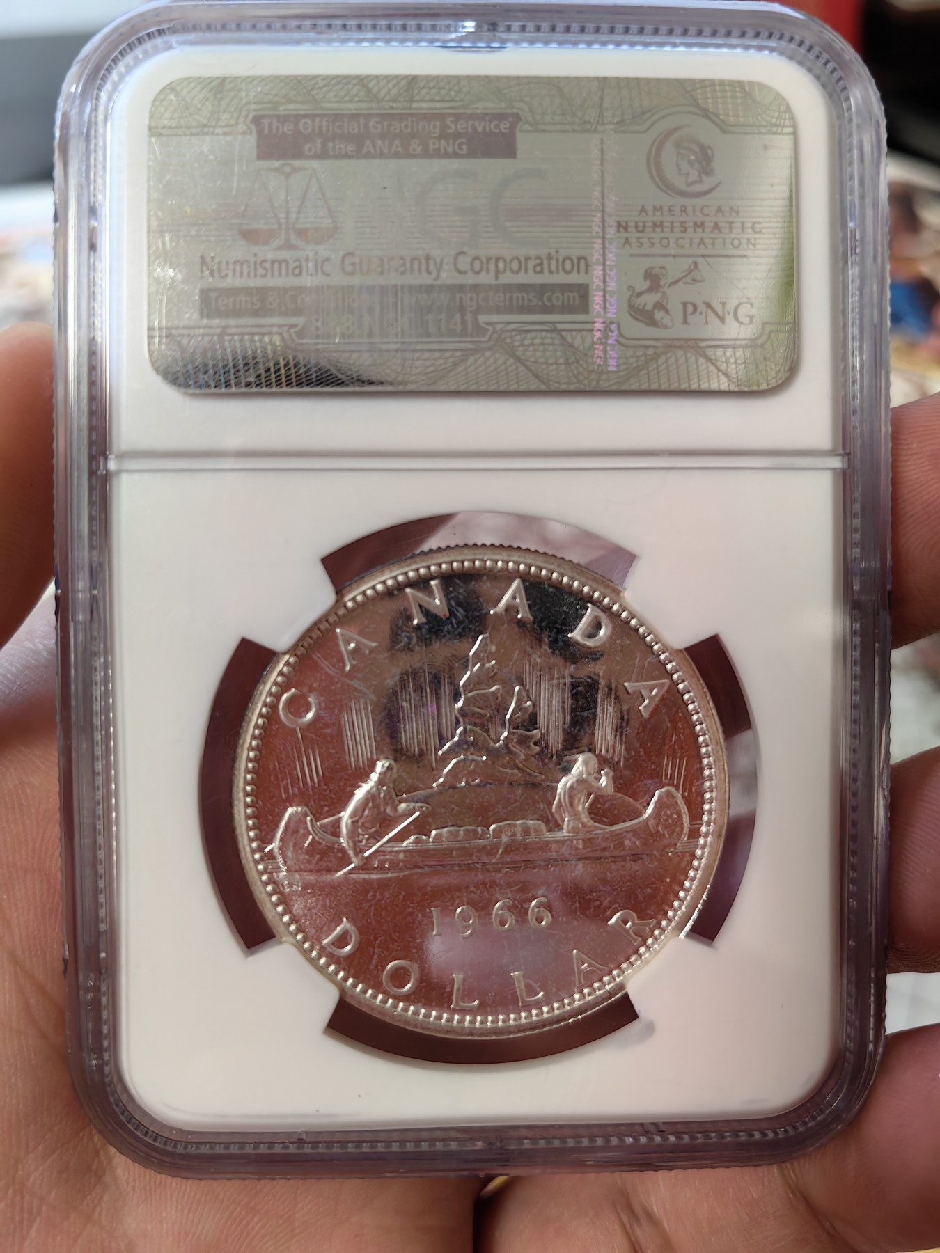 橡树集藏-006场 海纳百川 ngc-pl65 1966年加拿大划船1美元大银币 类精制工艺 光泽四溢 大圆珠版本 中年伊伊头像 端庄典雅