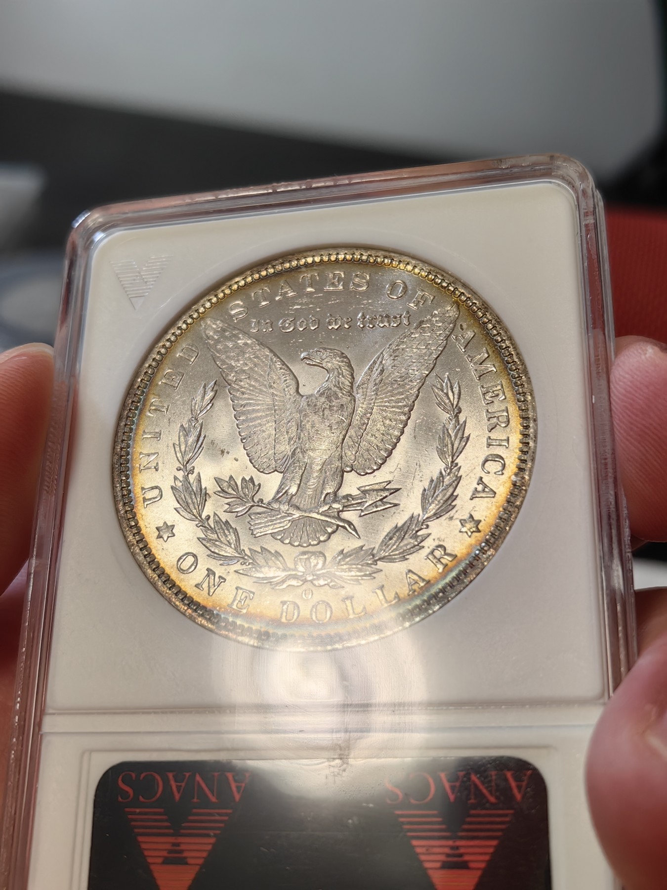 橡树集藏-006场 海纳百川 anacs-ms64 1885年o版美国摩根银元 双面环彩 车轮霜光 绝版小白盒 自藏好品