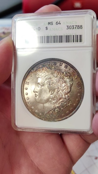 橡树集藏-006场 海纳百川 anacs-ms64 1884年o版美国摩根银元 双面月牙彩 包浆舒服 绝版可爱小白盒  把玩佳品