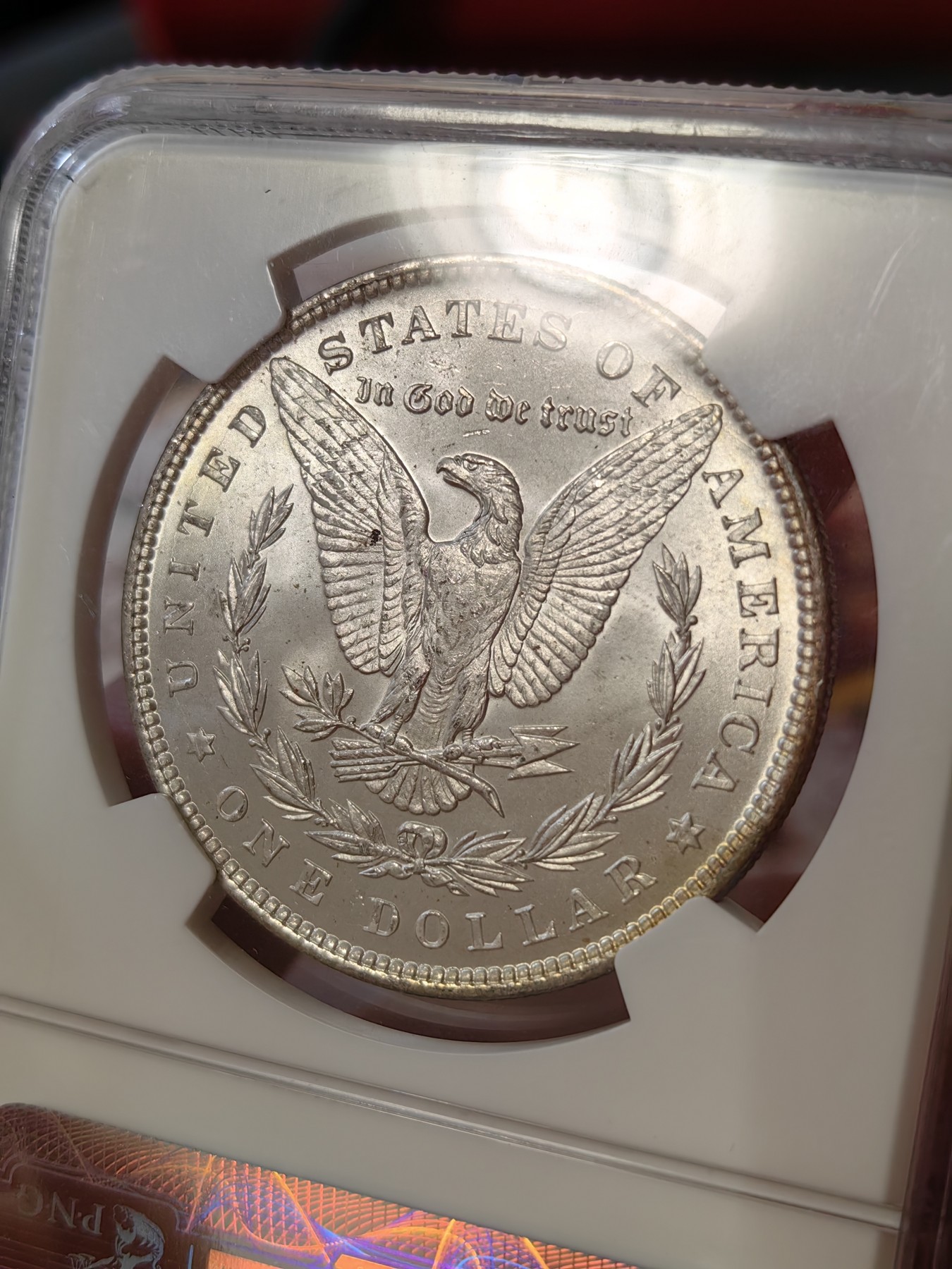 橡树集藏-006场 海纳百川 ngc-MS64   1896年美国摩根1美元银币 月牙彩标准器 原银霜光 老盒子严评