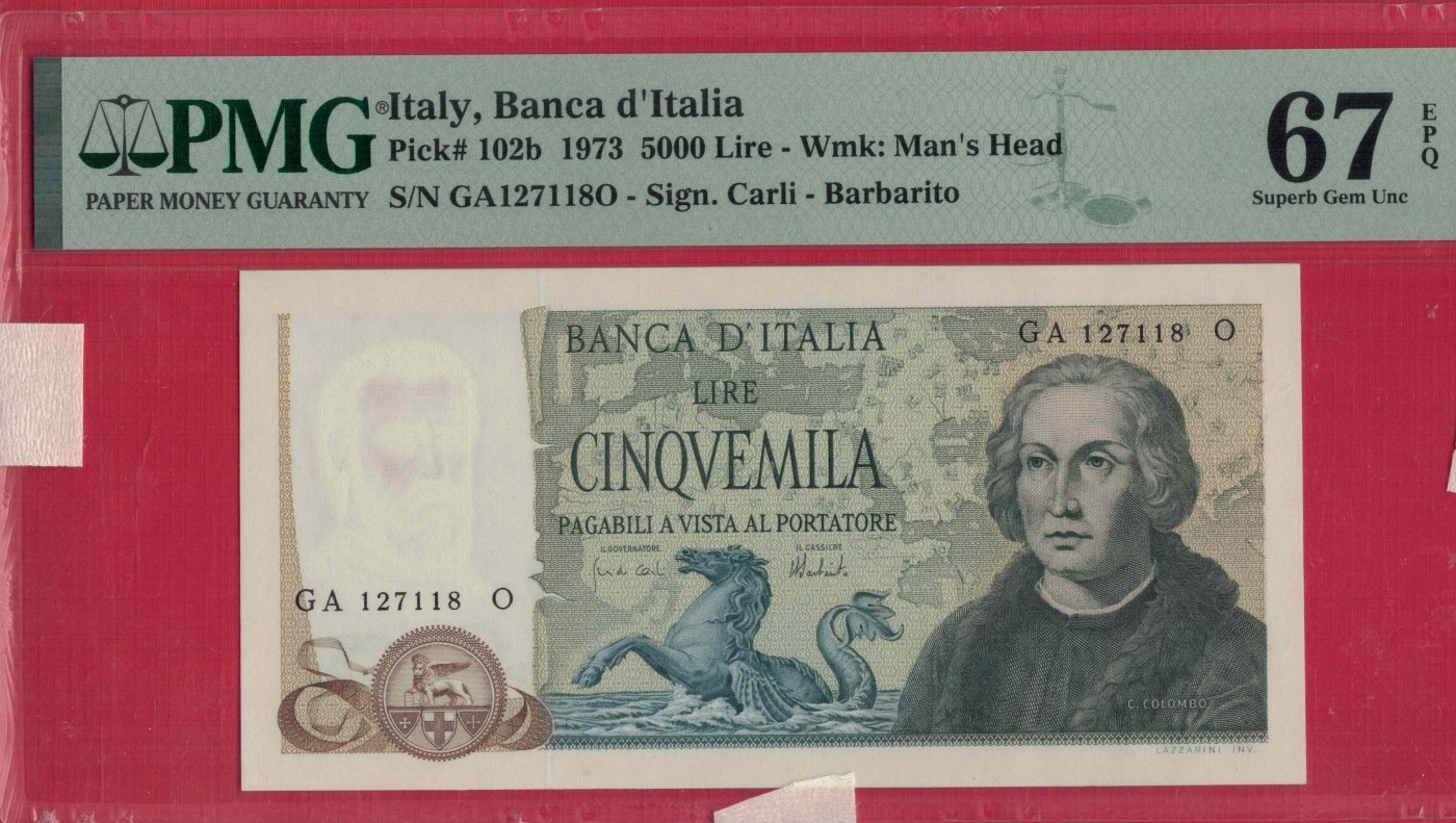 意大利5000里拉 1973年 P-102b 无4尾18 欧洲纸币 实物图 UNC