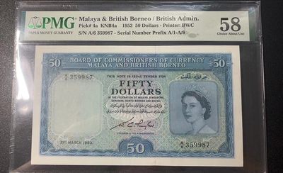 【Blue Auction】✨世界纸币精拍第342期【精】 - 【大珍】马来亚和英属婆罗洲50元 大冠女王 BWC出品 状态好票面白净 PMG58少见高分