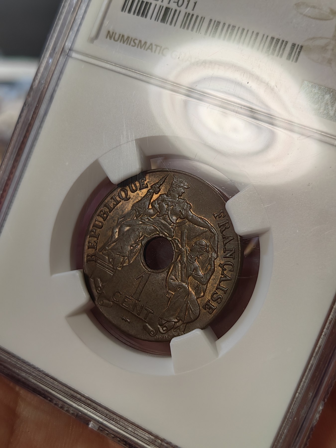 橡树集藏-006场 海纳百川 NGC-MS61BN 法属印度支那 1922年1分 百分之一铜币