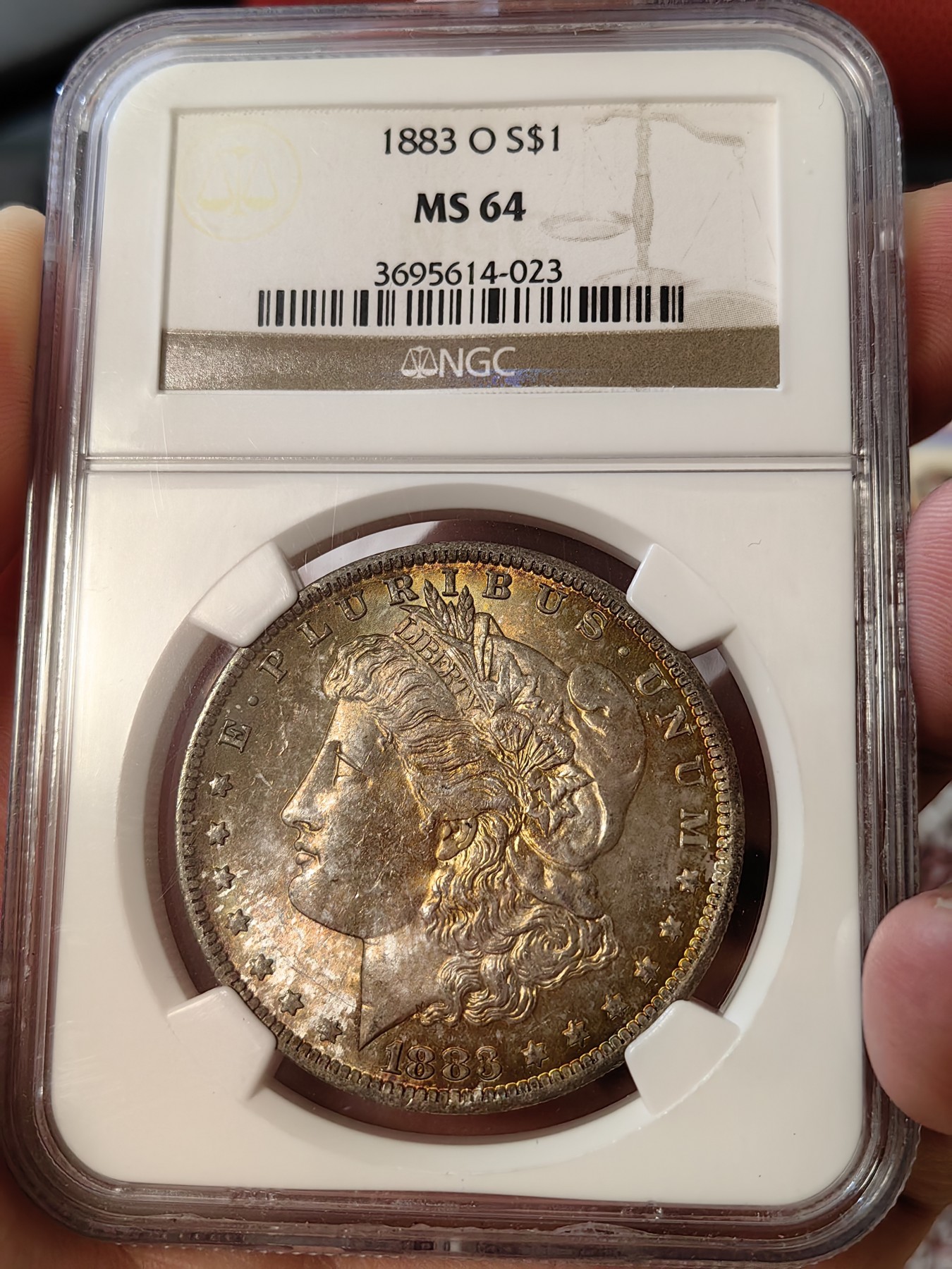 橡树集藏-006场 海纳百川 ngc-ms64 1883年o版美国摩根银元 老盒严评 正面炫目全金彩 洋红色点缀 实物观感极佳