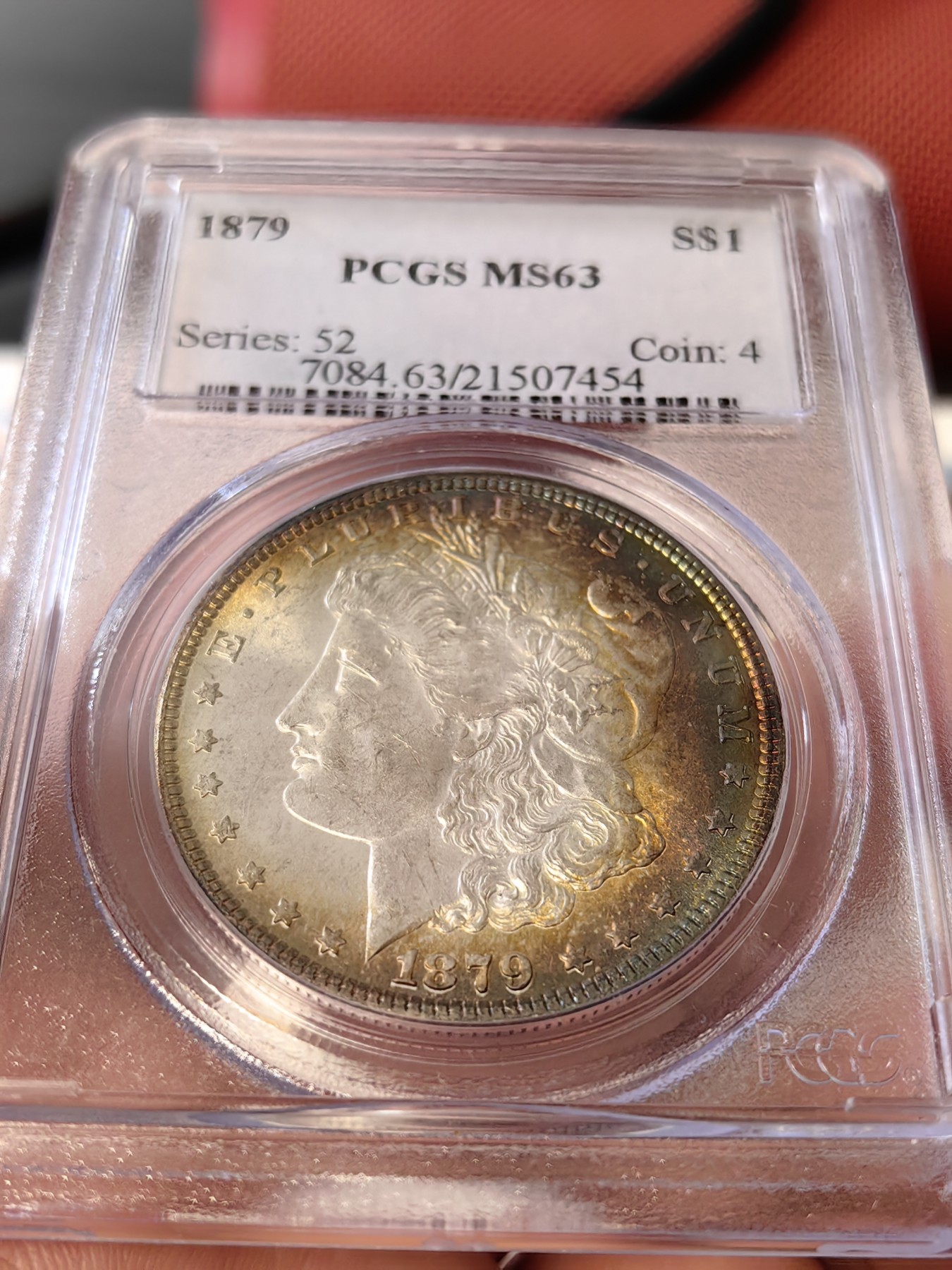 橡树集藏-006场 海纳百川 pcgs-ms63 1879年美国摩根银元 早期老盒子 少见橙红金彩 光泽绚丽