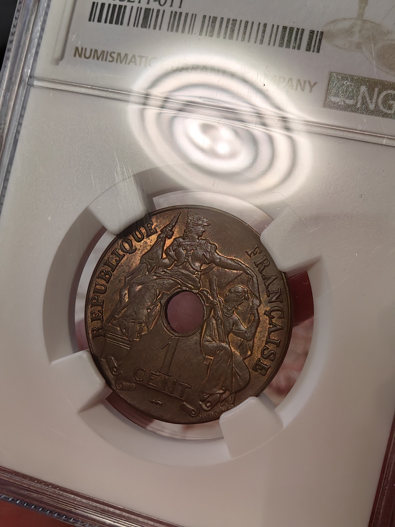 橡树集藏-006场 海纳百川 NGC-MS61BN 法属印度支那 1922年1分 百分之一铜币