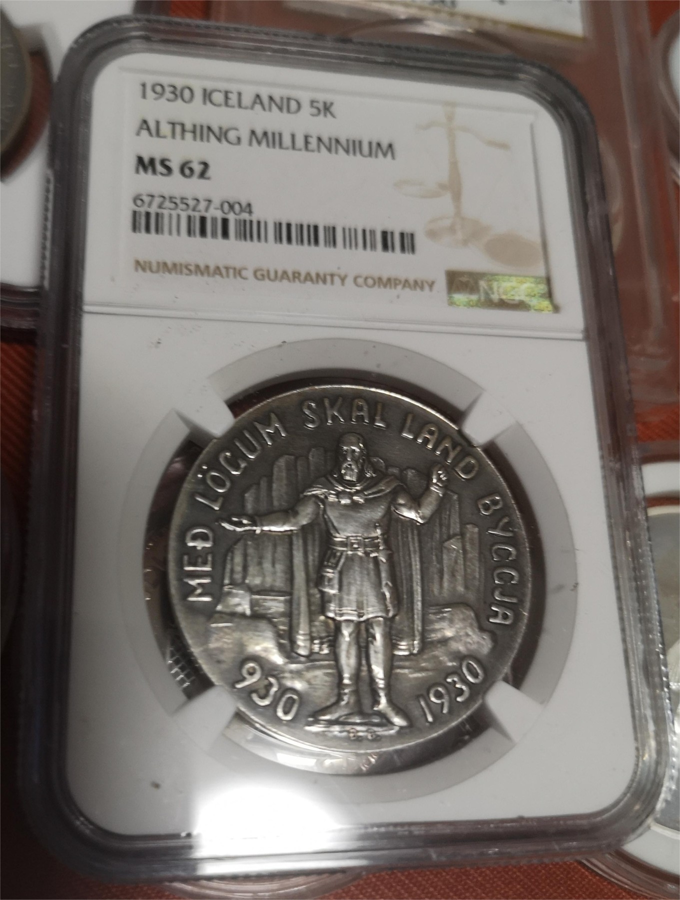 长老汇第14场精品新老银币系列 1930冰岛议会千年5克朗大银币，NGC MS62