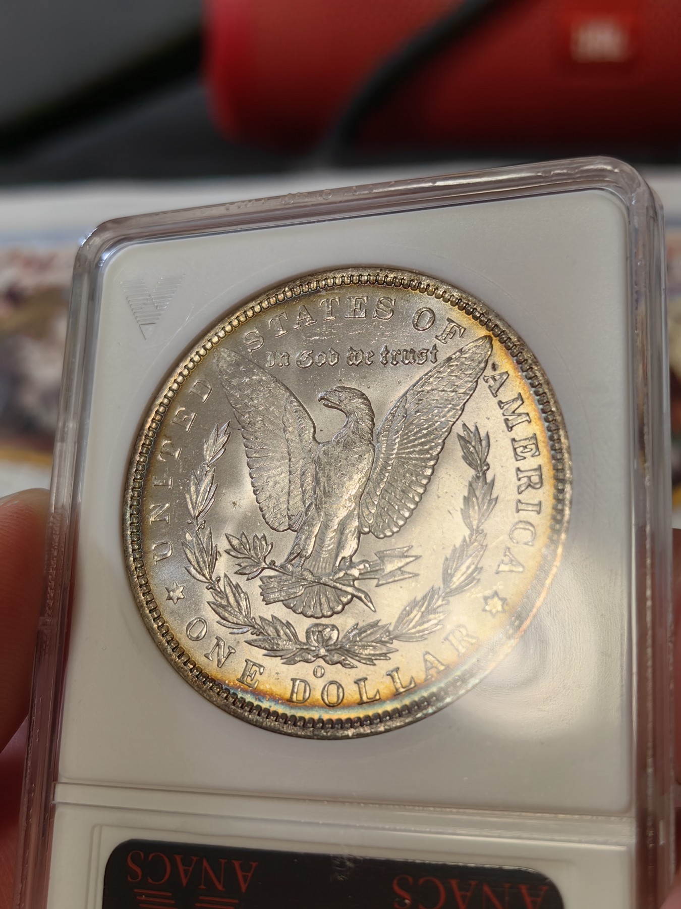 橡树集藏-006场 海纳百川 anacs-ms64 1885年o版美国摩根银元 双面环彩 车轮霜光 绝版小白盒 自藏好品