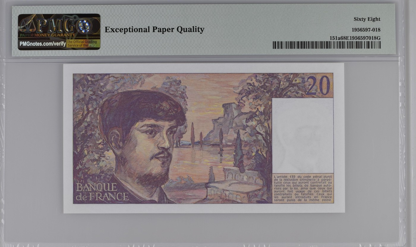 收藏联盟Quantum Auction 第272期拍卖 世界人口日专场 法国1980-86年20法郎 PMG68 号码无4 首发年份 音乐家德彪西