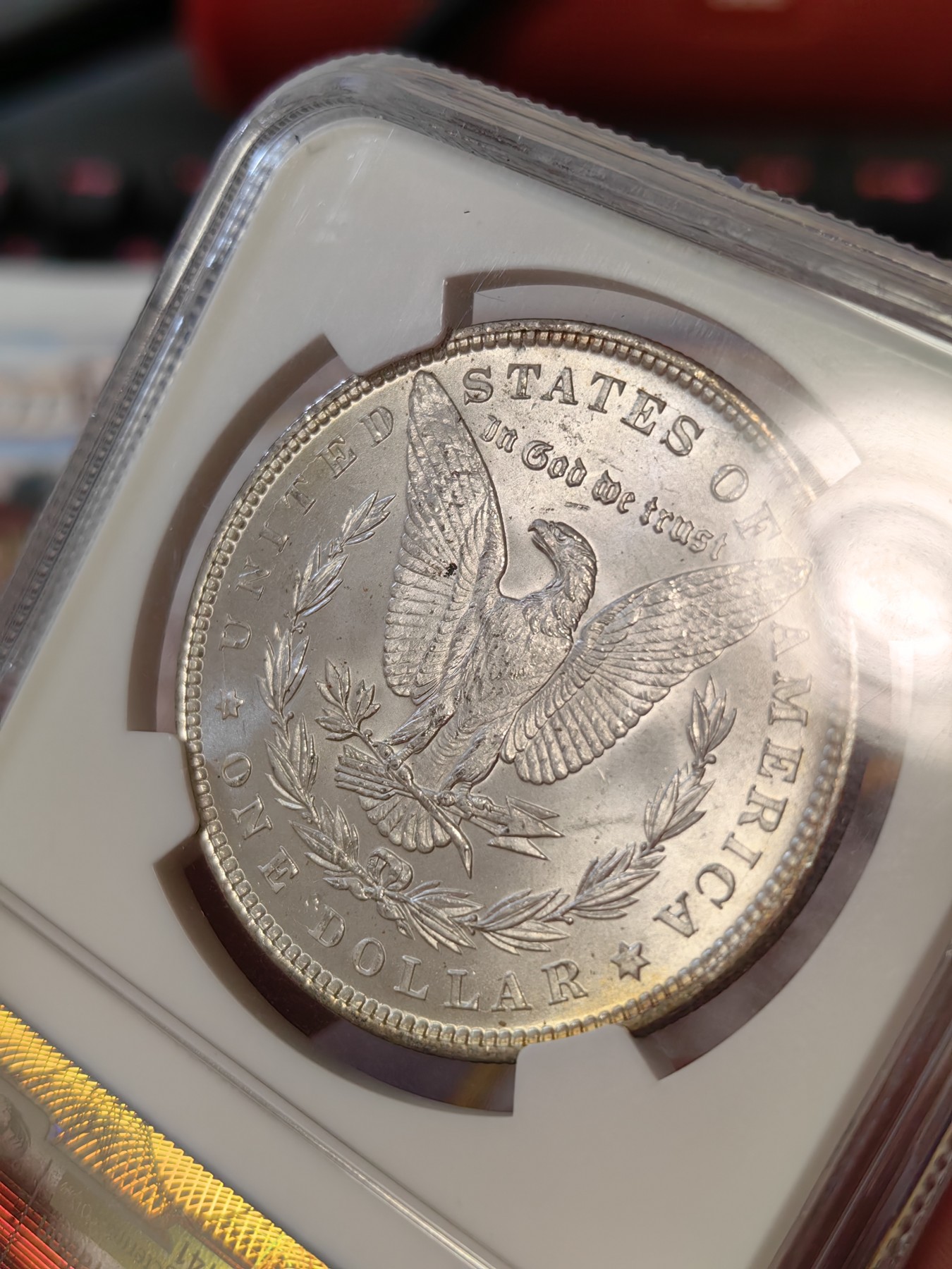 橡树集藏-006场 海纳百川 ngc-MS64   1896年美国摩根1美元银币 月牙彩标准器 原银霜光 老盒子严评