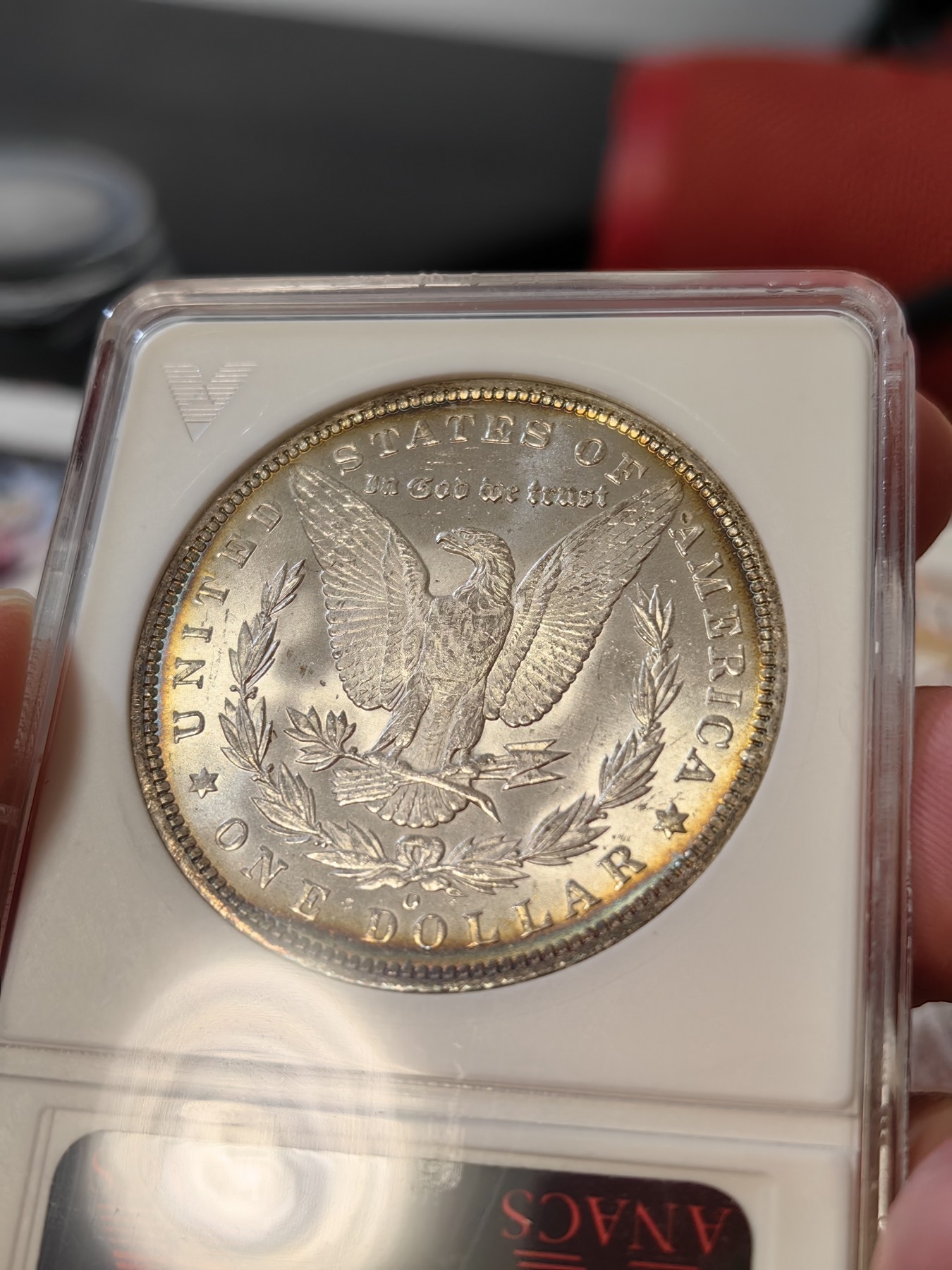 橡树集藏-006场 海纳百川 anacs-ms64 1885年o版美国摩根银元 双面环彩 车轮霜光 绝版小白盒 自藏好品