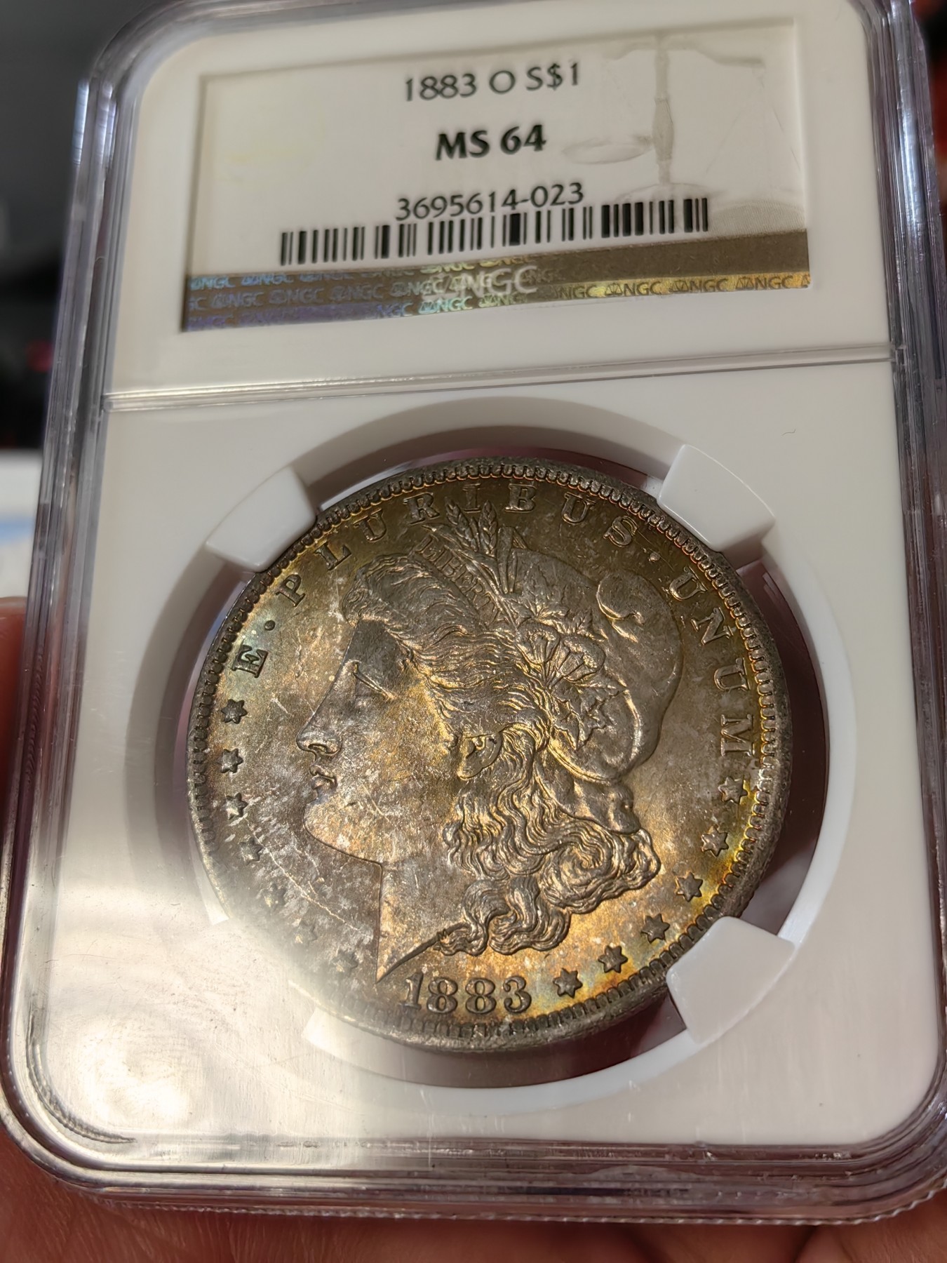 橡树集藏-006场 海纳百川 ngc-ms64 1883年o版美国摩根银元 老盒严评 正面炫目全金彩 洋红色点缀 实物观感极佳