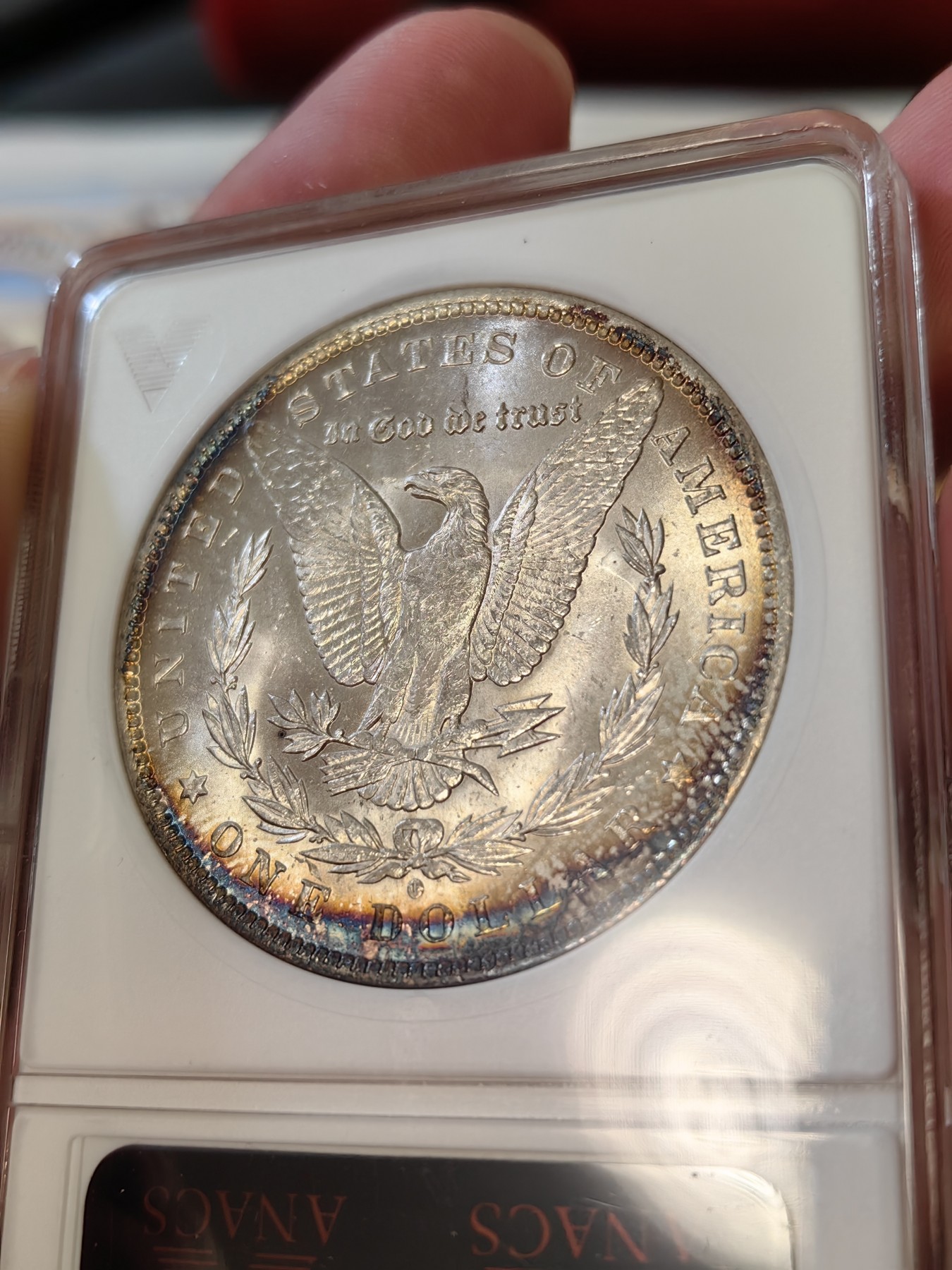 橡树集藏-006场 海纳百川 anacs-ms64 1884年o版美国摩根银元 双面月牙彩 包浆舒服 绝版可爱小白盒  把玩佳品