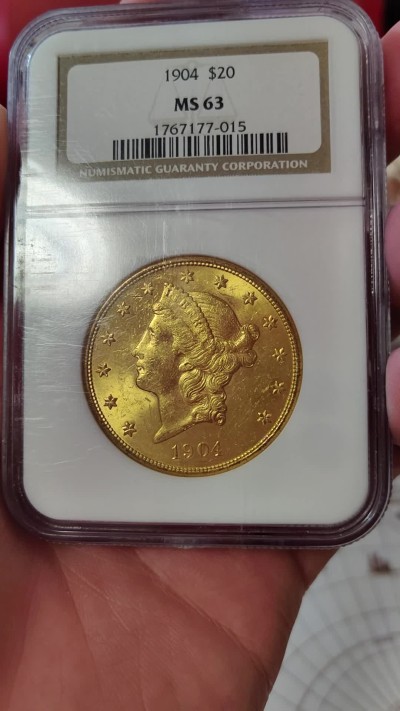 橡树集藏-006场 海纳百川 ngc-ms63 1904年美国20美元大金币 皇冠头自由女神 早期老盒品质保证 33.436g 900金 金价看多 老金币投资佳品