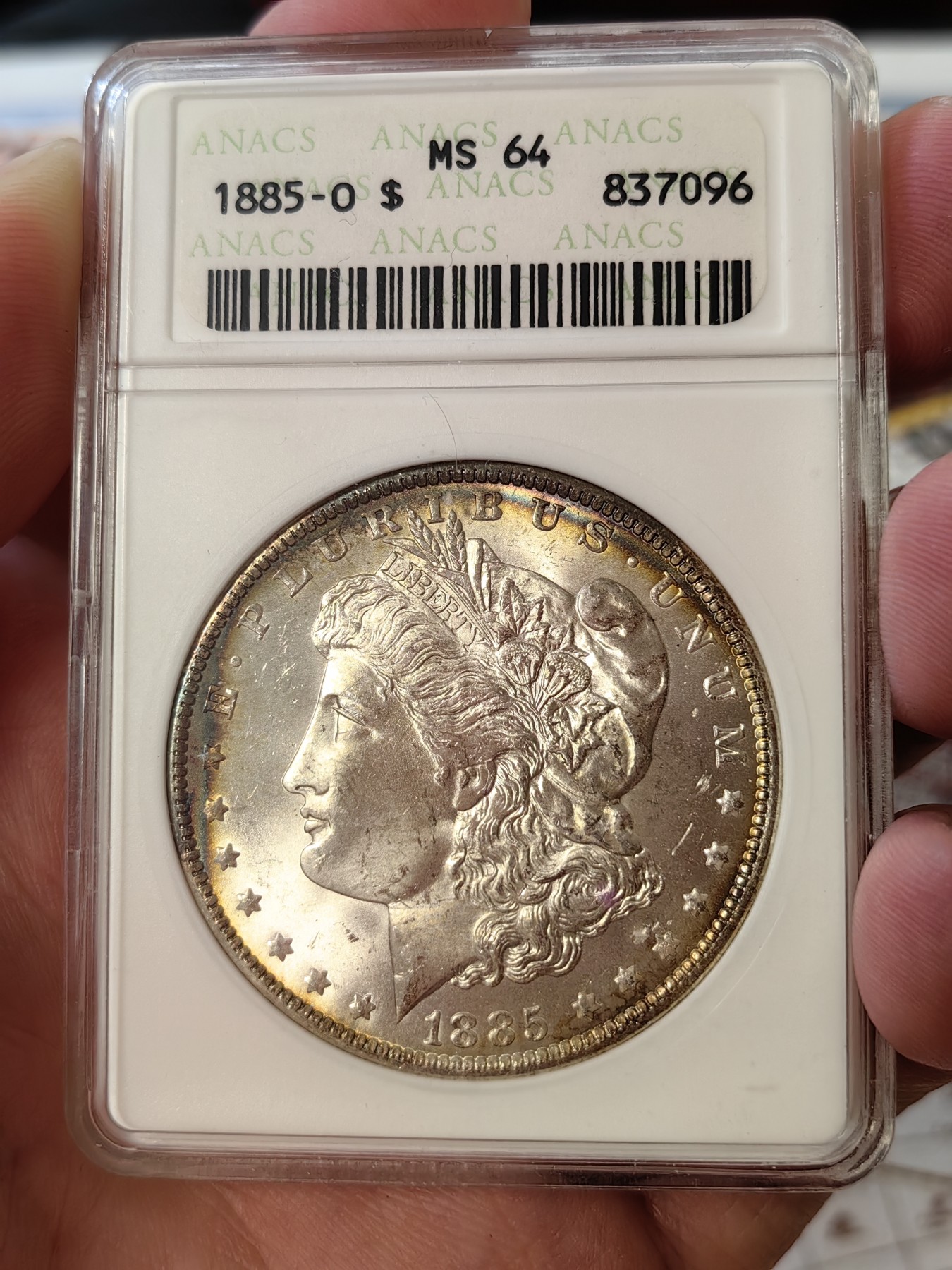 橡树集藏-006场 海纳百川 anacs-ms64 1885年o版美国摩根银元 双面环彩 车轮霜光 绝版小白盒 自藏好品