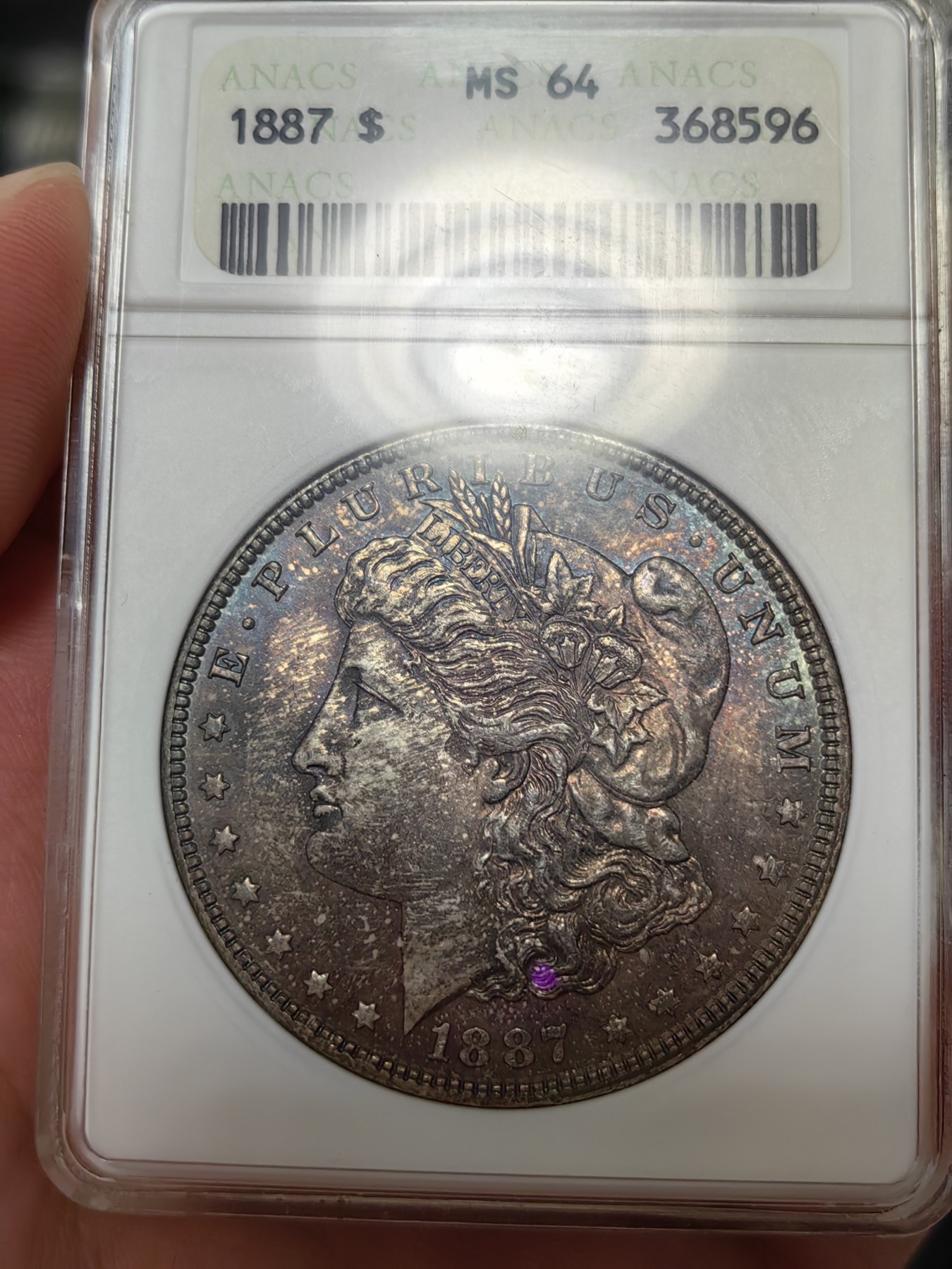 橡树集藏-006场 海纳百川 anacs-ms64 1887年美国摩根银元 正面醇厚黑彩 背面杏仁丝绸光  一阴一阳 视觉享受 绝版小白盒 赏玩佳品