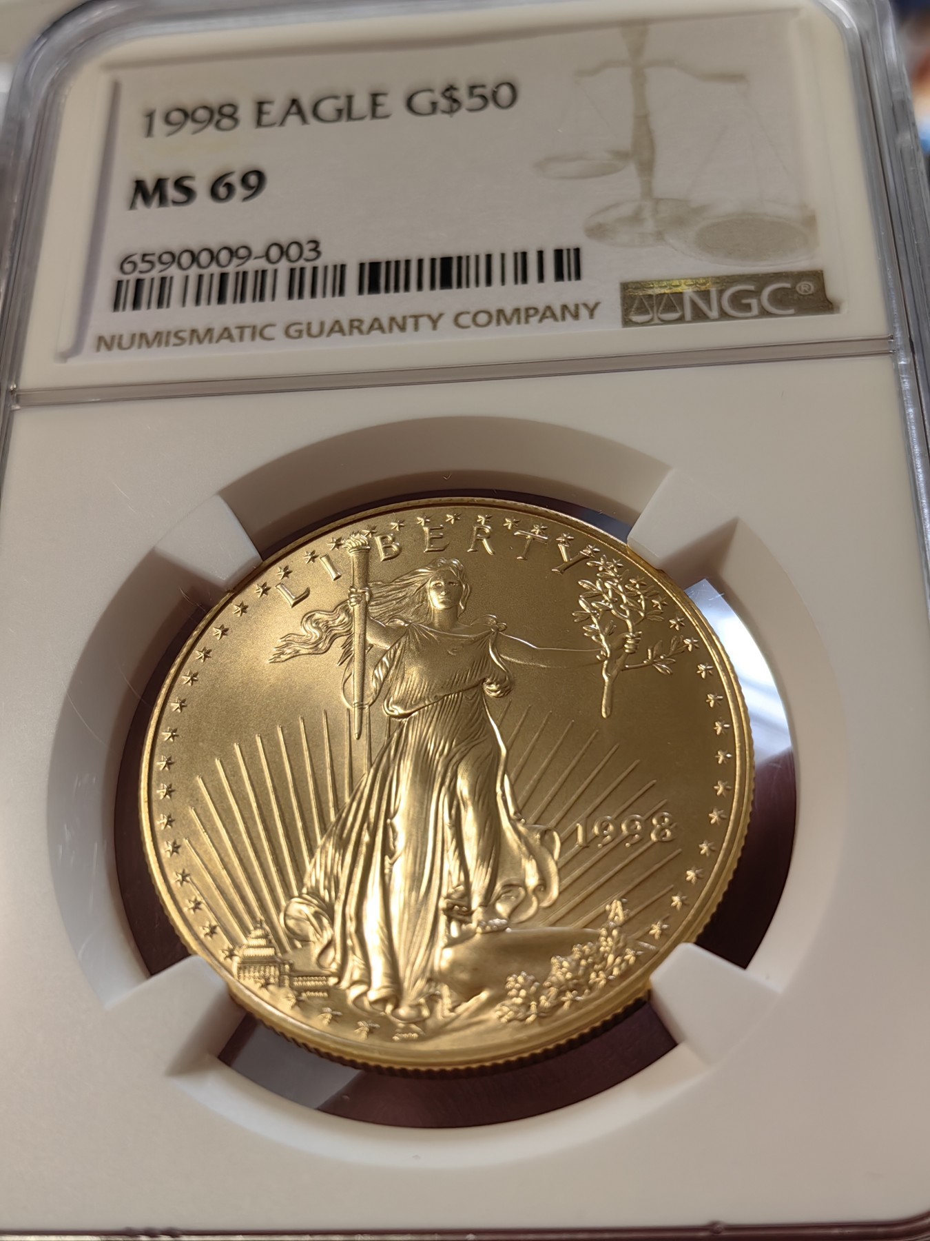 橡树集藏-006场 海纳百川 ngc-ms69 1998年美国圣高斯50美元金币  正面自由女神十分优美  背面美国鹰 含纯金1盎司 金价持续上涨 投资佳品