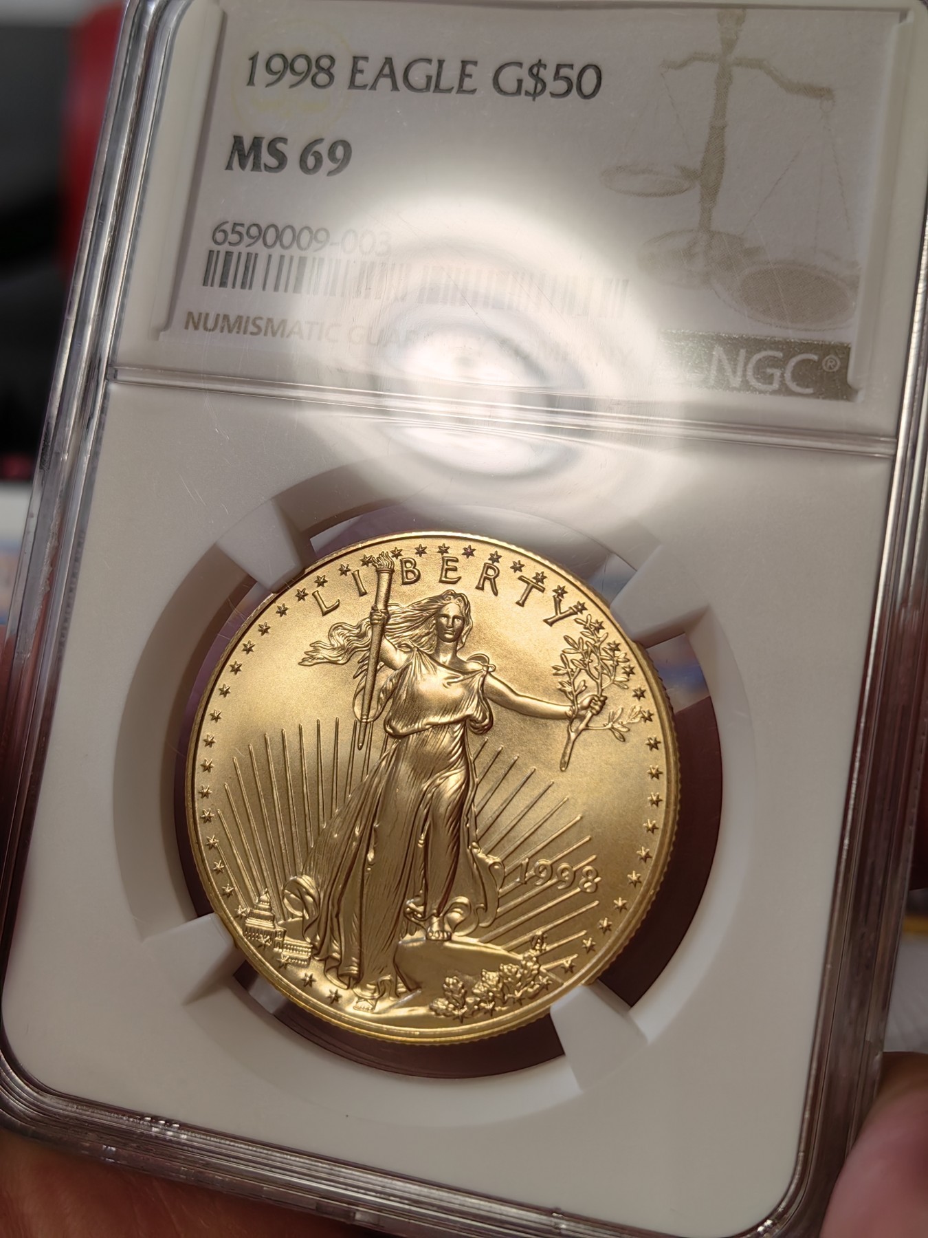 橡树集藏-006场 海纳百川 ngc-ms69 1998年美国圣高斯50美元金币  正面自由女神十分优美  背面美国鹰 含纯金1盎司 金价持续上涨 投资佳品