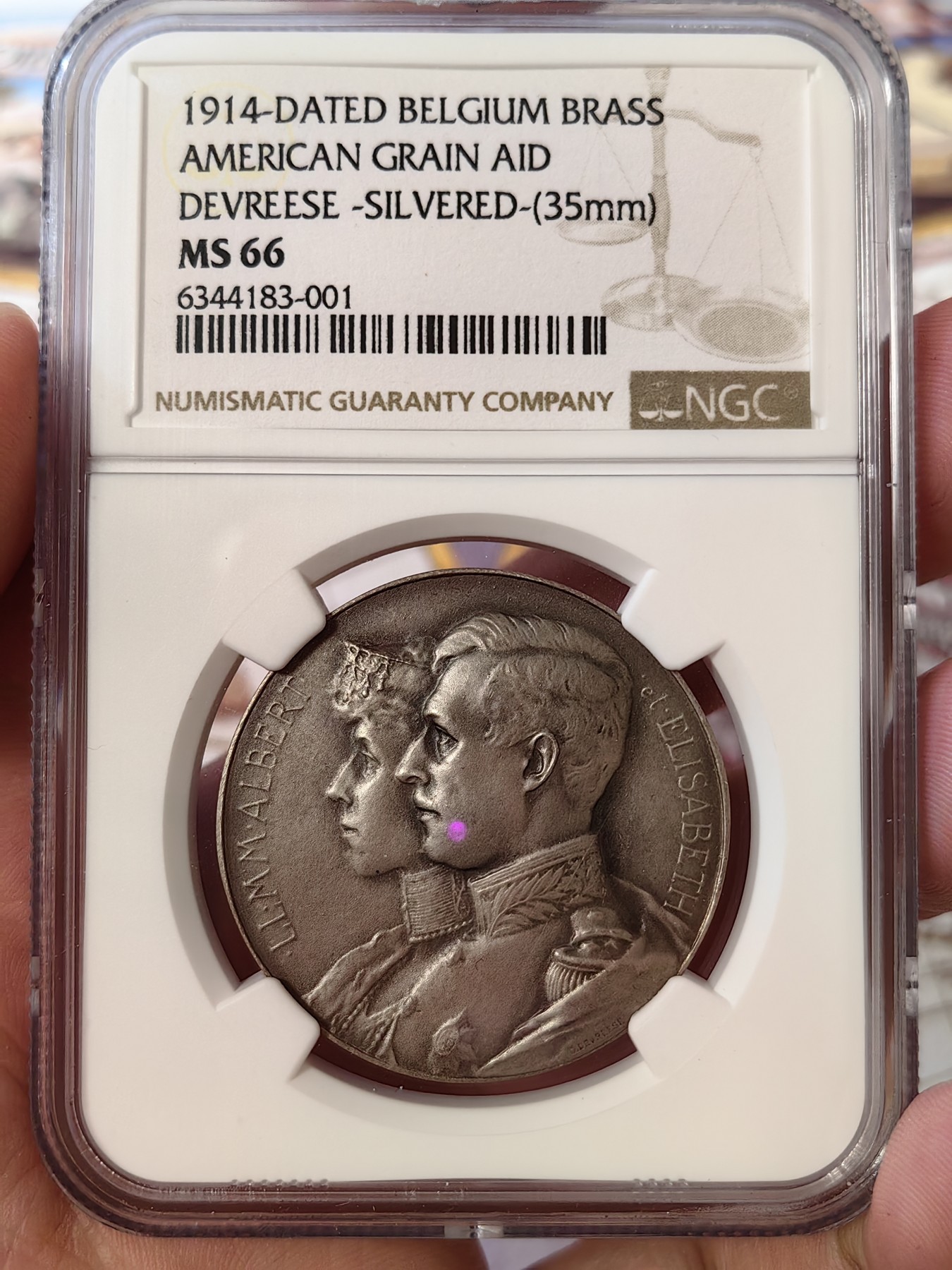 橡树集藏-006场 海纳百川 ngc-Ms66 1914年比利时镀银铜章 美利坚慷慨援助 数据库冠军分 高分好状态无出其右 高浮雕完美底板 裸体美利坚女神绝美 画面生动形象