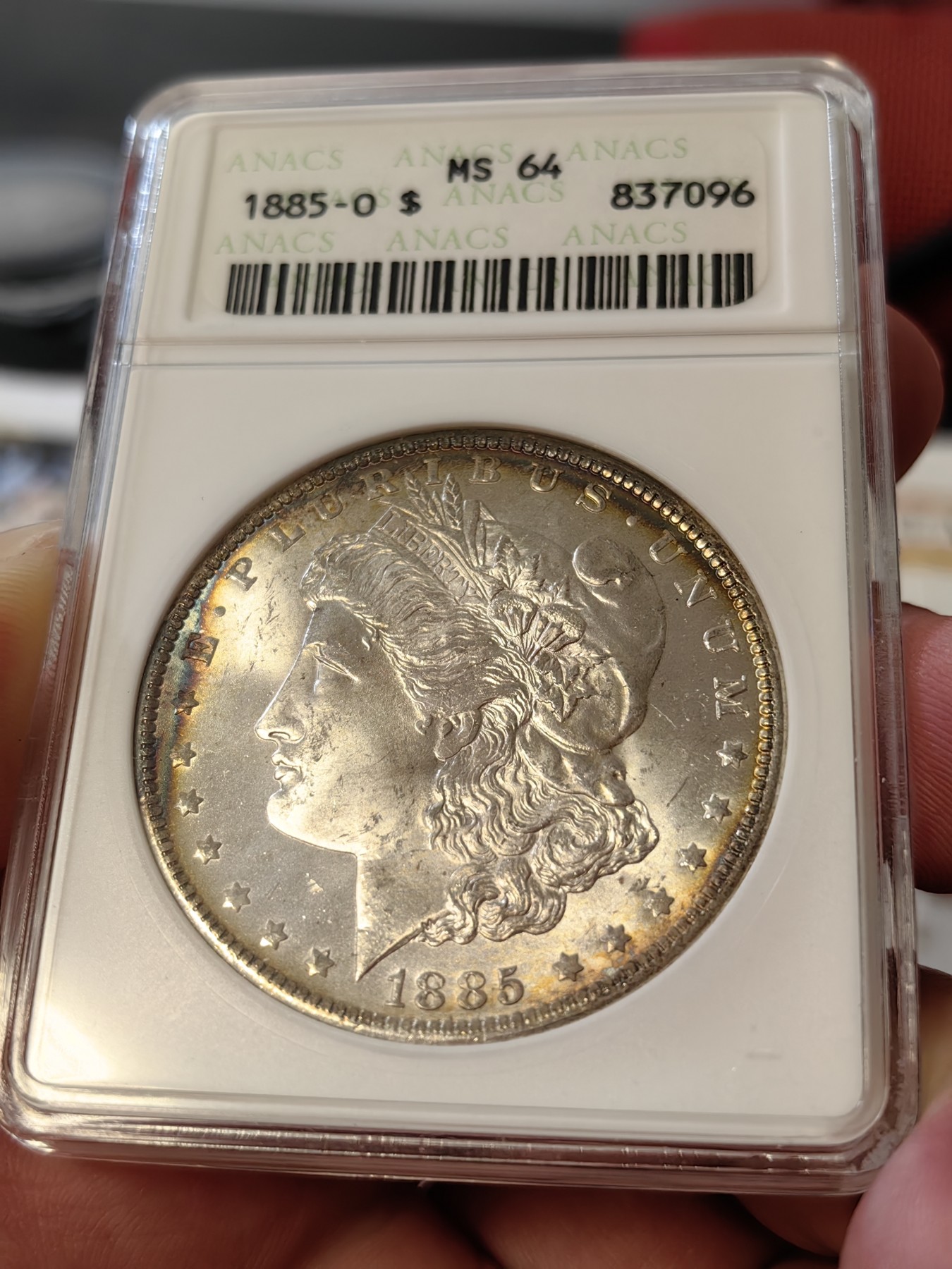 橡树集藏-006场 海纳百川 anacs-ms64 1885年o版美国摩根银元 双面环彩 车轮霜光 绝版小白盒 自藏好品