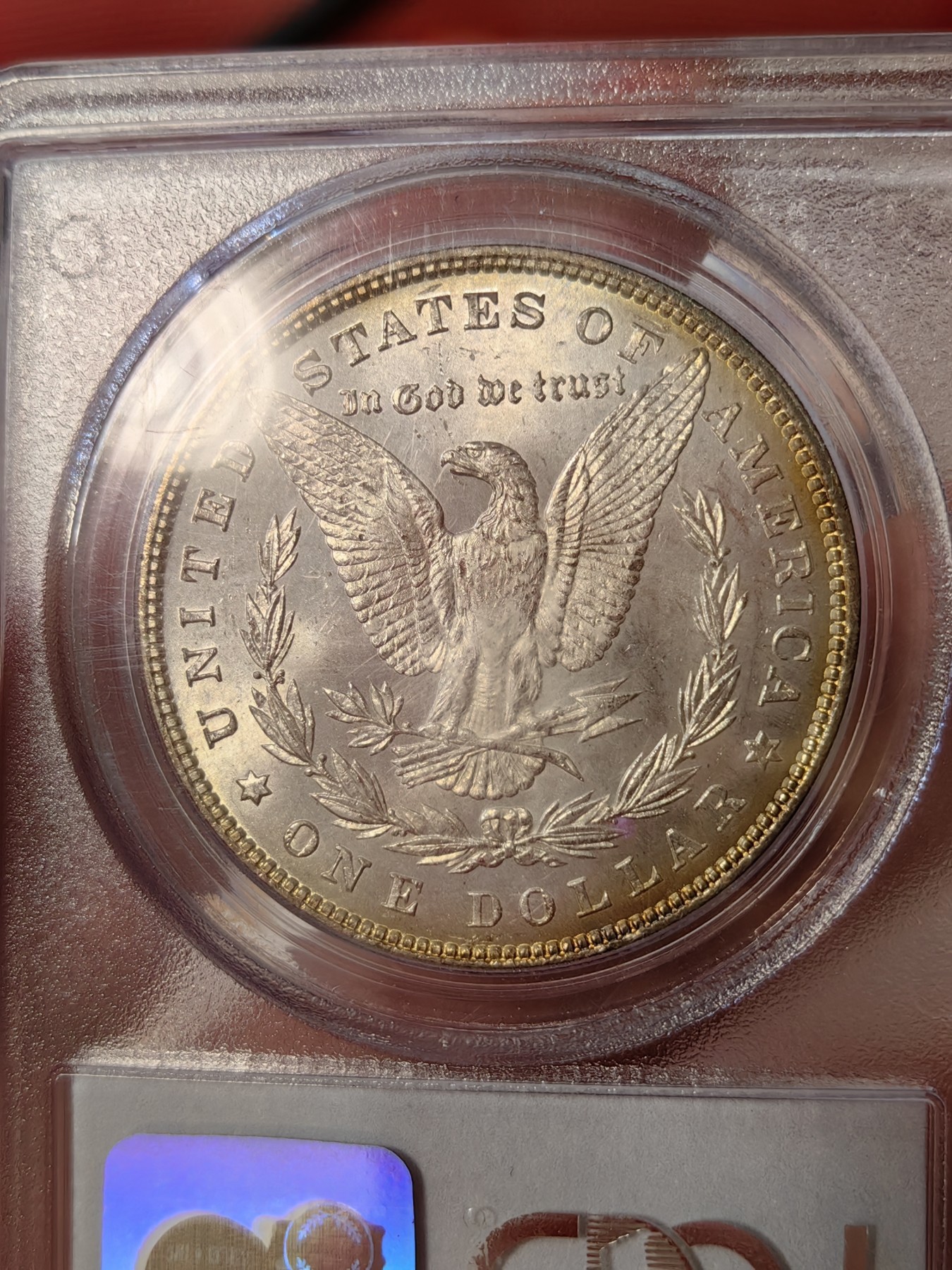 橡树集藏-006场 海纳百川 pcgs-ms63 1879年美国摩根银元 早期老盒子 少见橙红金彩 光泽绚丽
