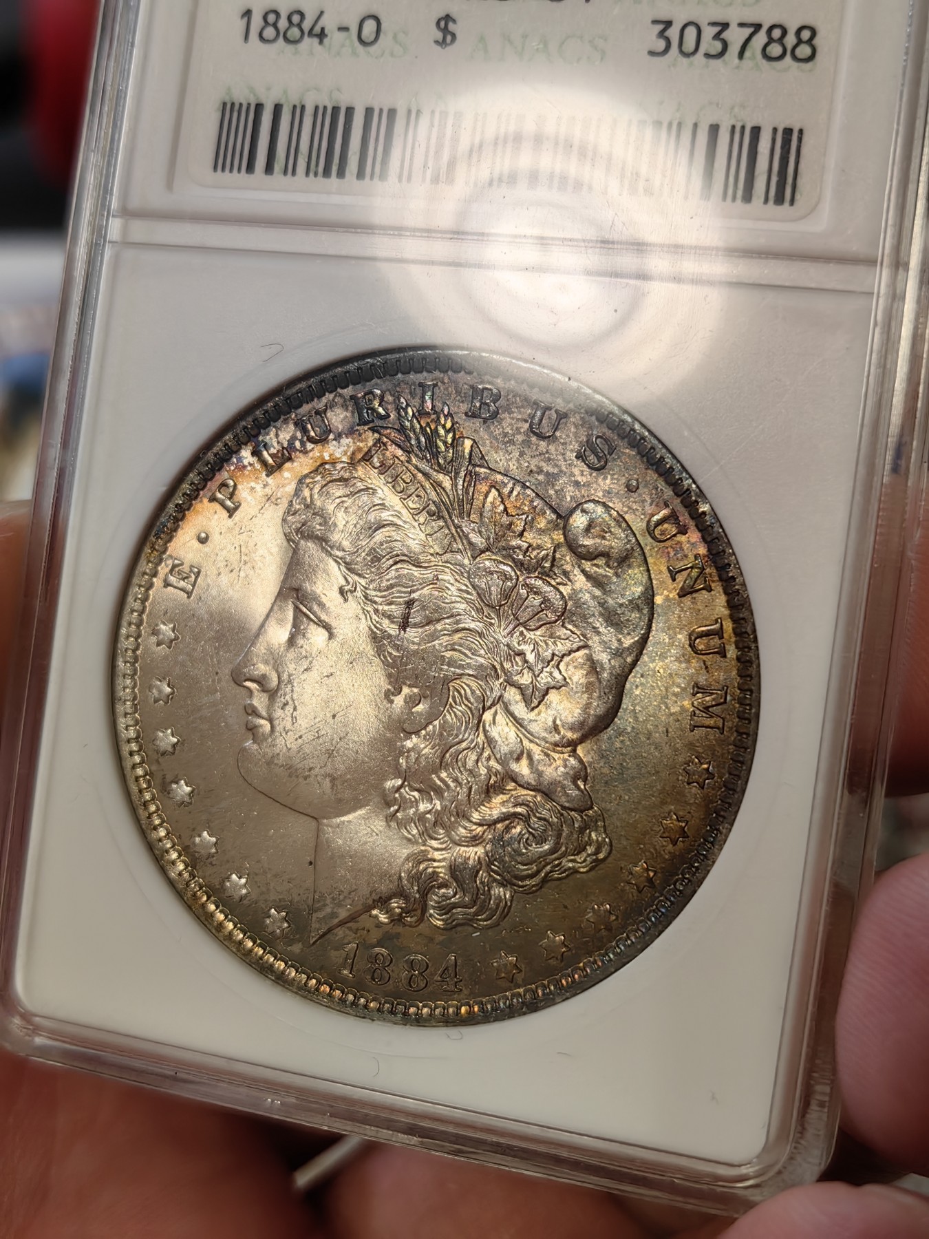 橡树集藏-006场 海纳百川 anacs-ms64 1884年o版美国摩根银元 双面月牙彩 包浆舒服 绝版可爱小白盒  把玩佳品
