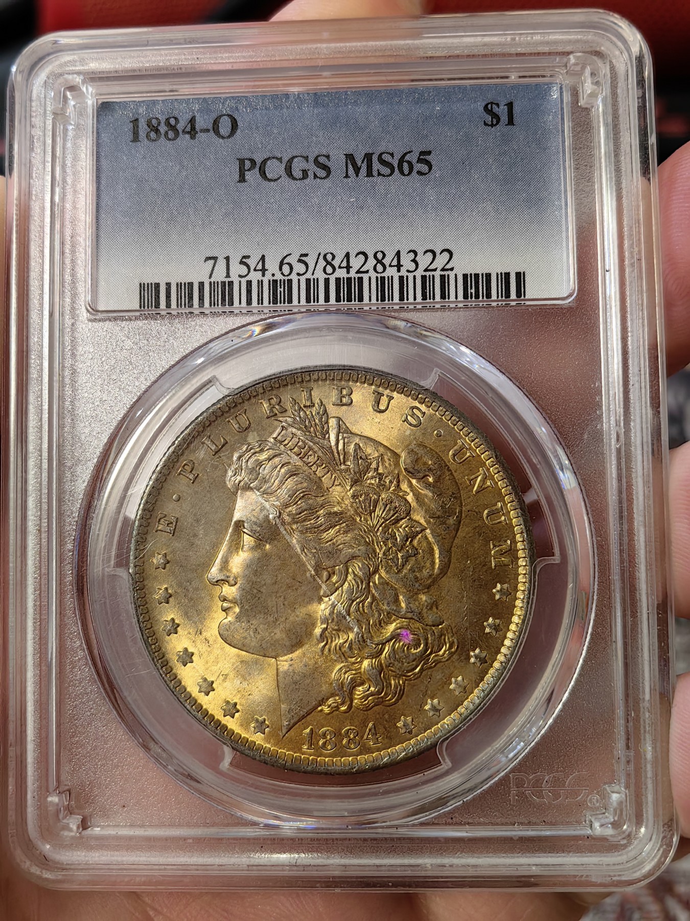 橡树集藏-006场 海纳百川 pcgs-ms65 1884年o版美国摩根银元 金发美国摩登女郎 全金彩覆盖罕见 仿佛镀了一层金箔 炫目华贵 实物观感极佳
