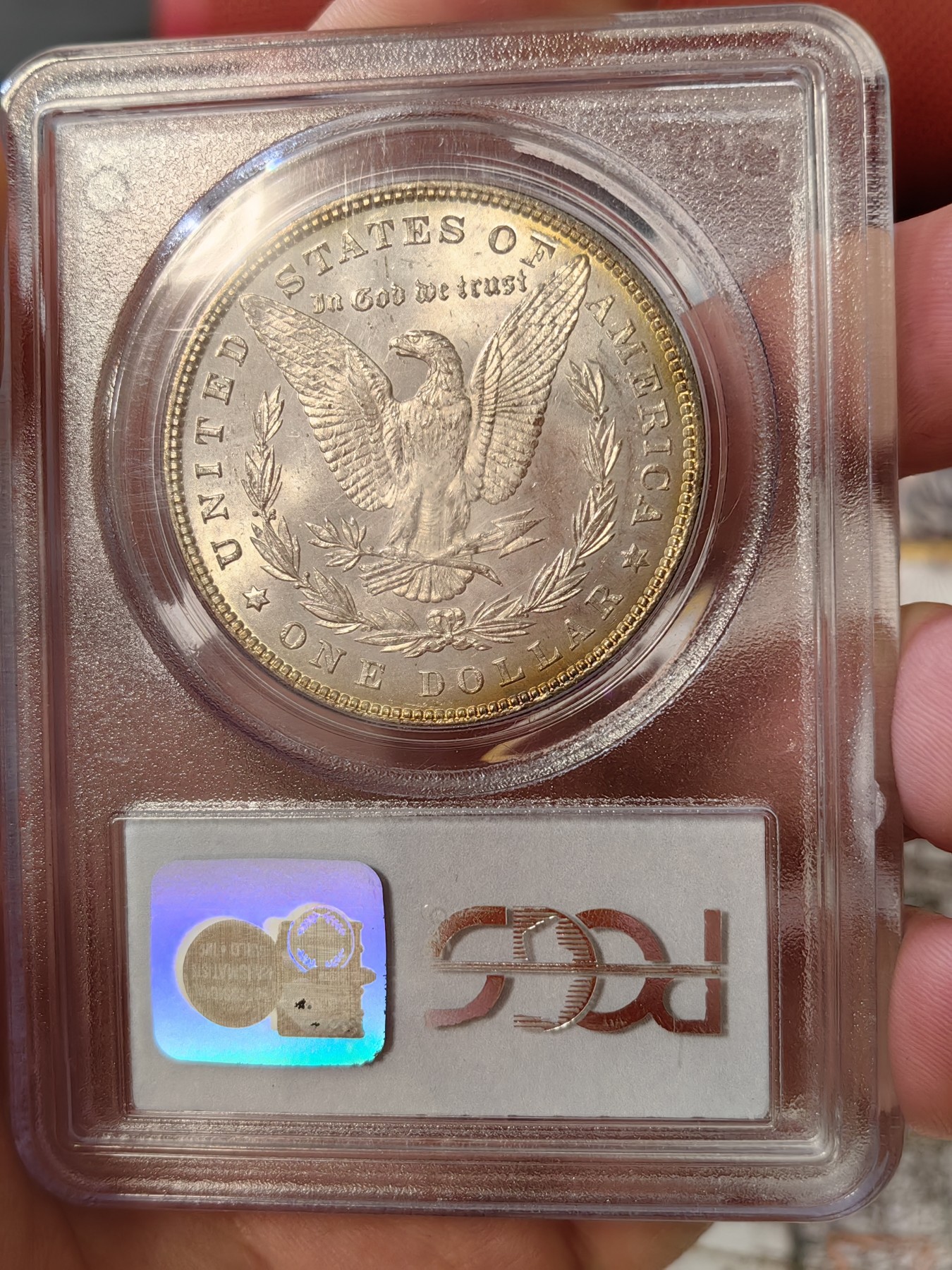橡树集藏-006场 海纳百川 pcgs-ms63 1879年美国摩根银元 早期老盒子 少见橙红金彩 光泽绚丽