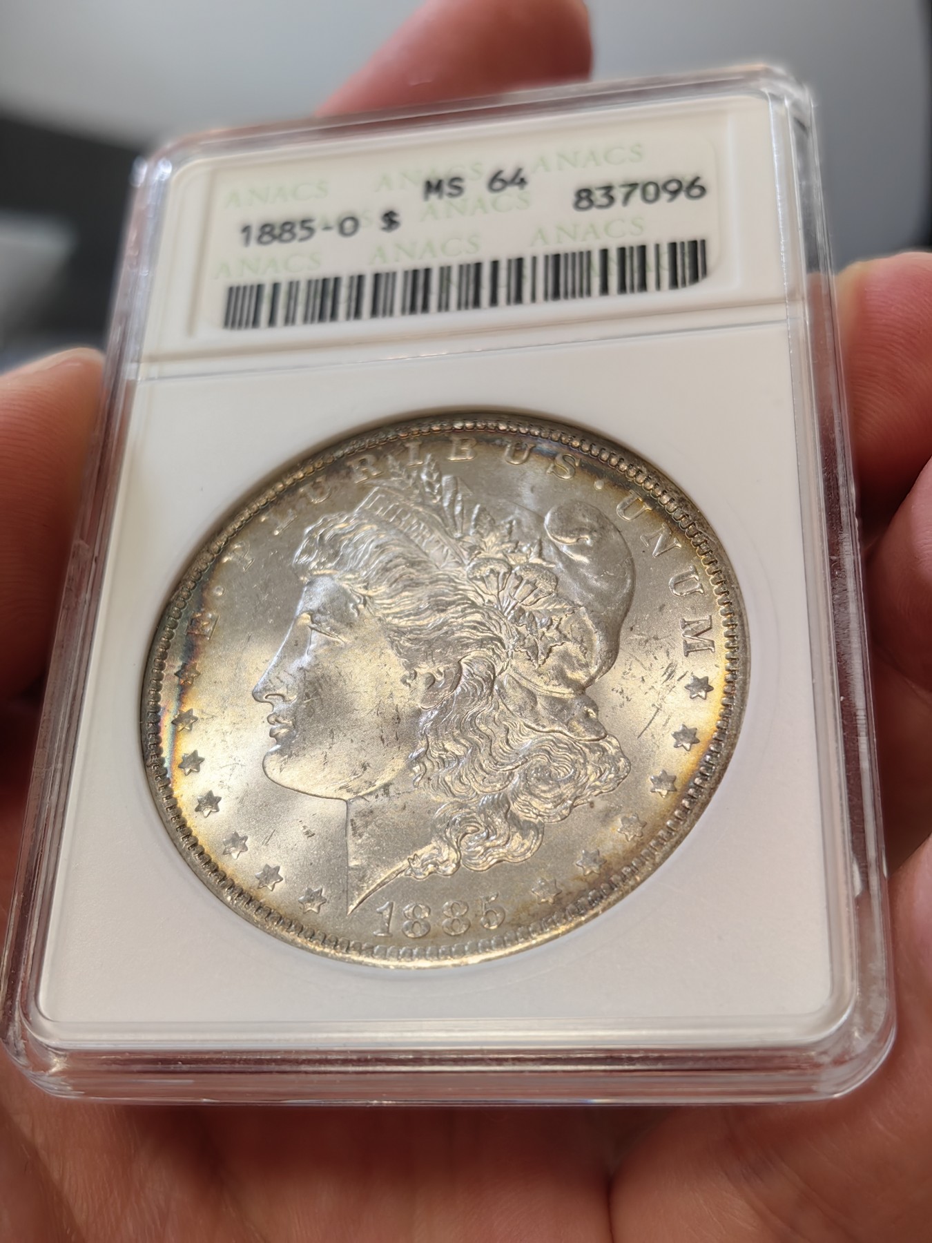橡树集藏-006场 海纳百川 anacs-ms64 1885年o版美国摩根银元 双面环彩 车轮霜光 绝版小白盒 自藏好品