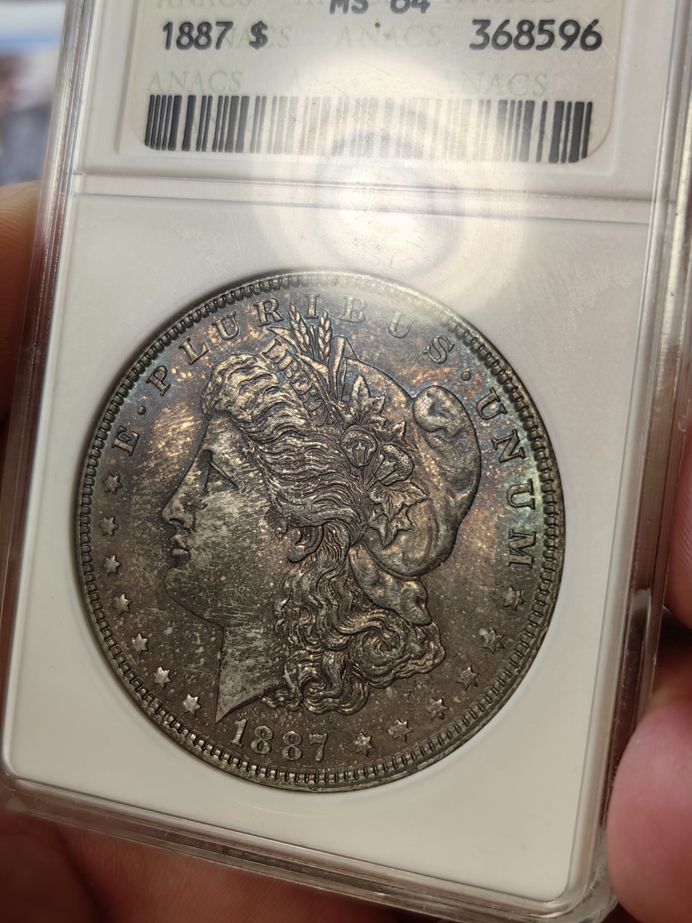 橡树集藏-006场 海纳百川 anacs-ms64 1887年美国摩根银元 正面醇厚黑彩 背面杏仁丝绸光  一阴一阳 视觉享受 绝版小白盒 赏玩佳品