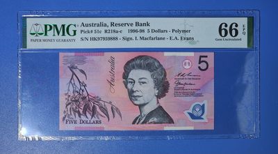 港、澳、台、中外钞、流水签、机签、箱包单、靓号专场第17期 - 澳大利亚1997年5元塑料纪念钞 香港移交 红字 HK97 特殊纪念版 豹子号 HK97959888 PMG66分一张/如图 
