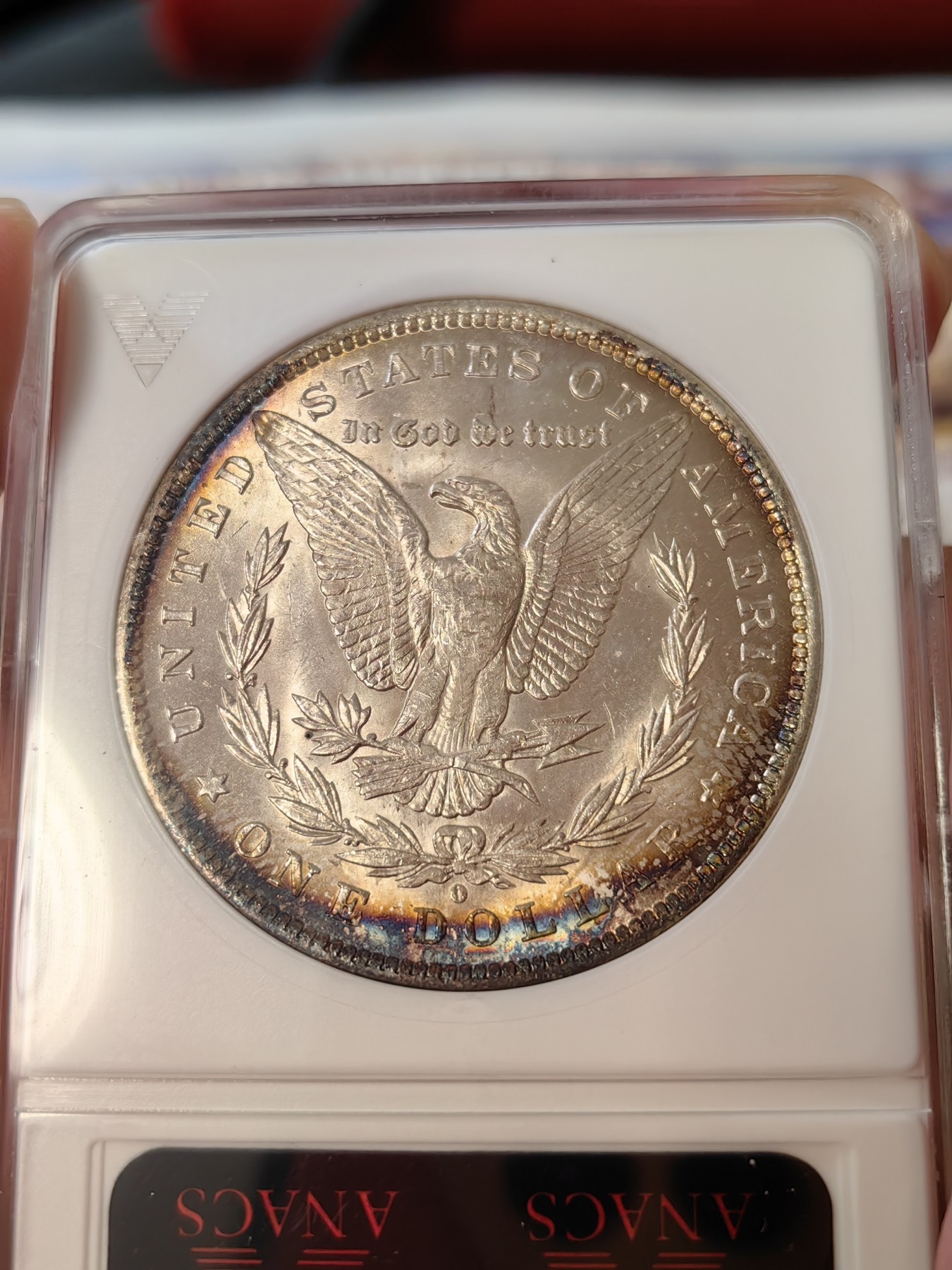 橡树集藏-006场 海纳百川 anacs-ms64 1884年o版美国摩根银元 双面月牙彩 包浆舒服 绝版可爱小白盒  把玩佳品