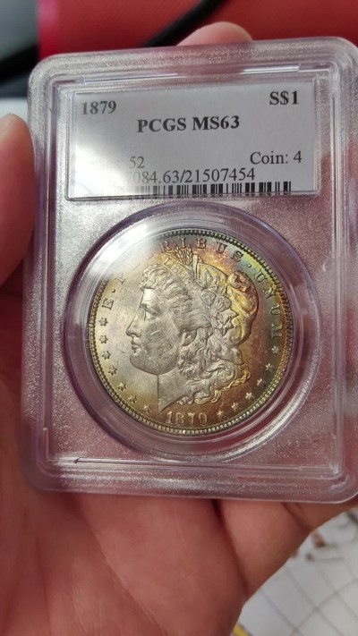 橡树集藏-006场 海纳百川 pcgs-ms63 1879年美国摩根银元 早期老盒子 少见橙红金彩 光泽绚丽