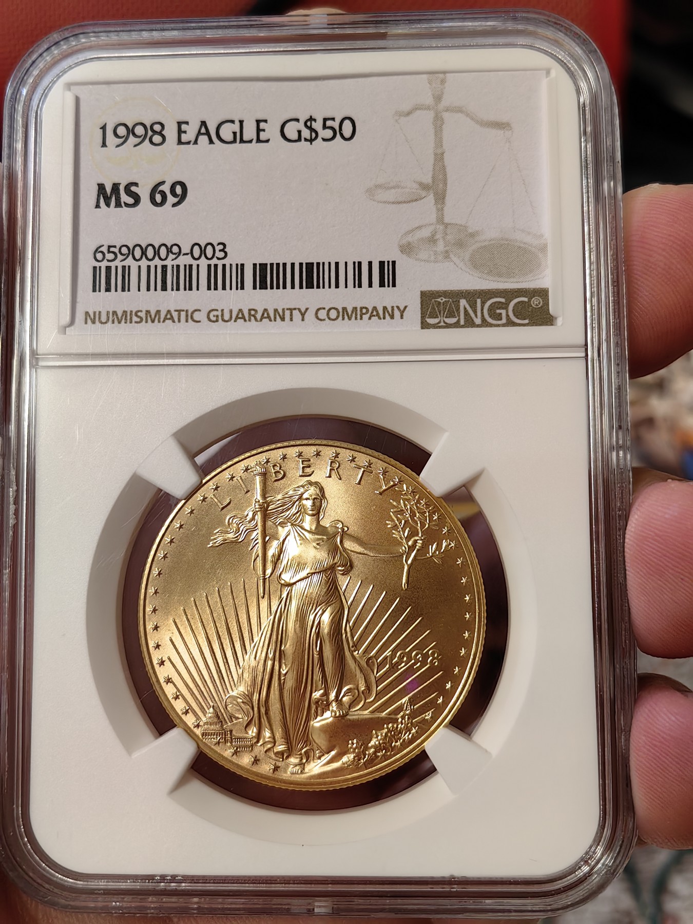 橡树集藏-006场 海纳百川 ngc-ms69 1998年美国圣高斯50美元金币  正面自由女神十分优美  背面美国鹰 含纯金1盎司 金价持续上涨 投资佳品