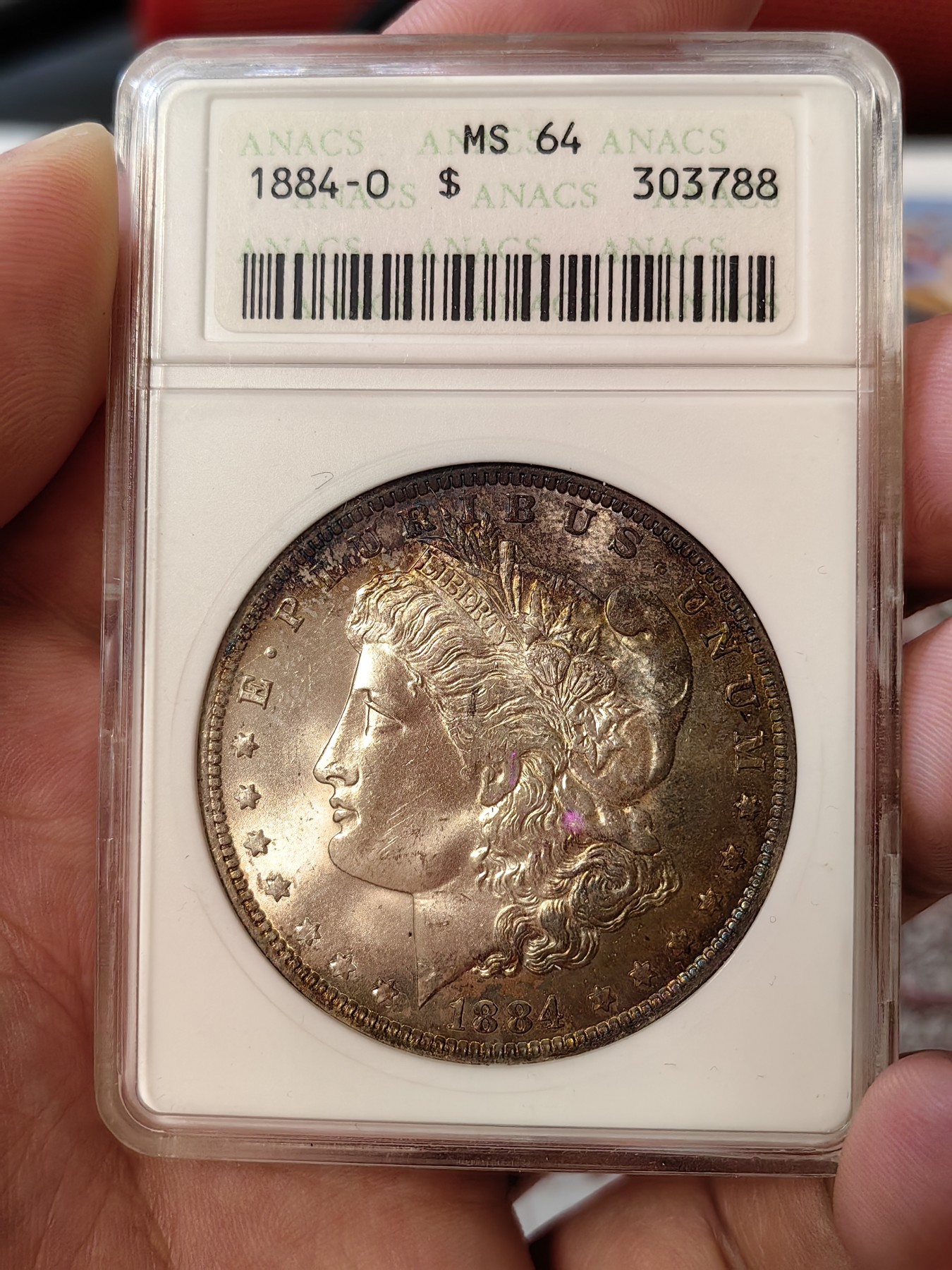 橡树集藏-006场 海纳百川 anacs-ms64 1884年o版美国摩根银元 双面月牙彩 包浆舒服 绝版可爱小白盒  把玩佳品