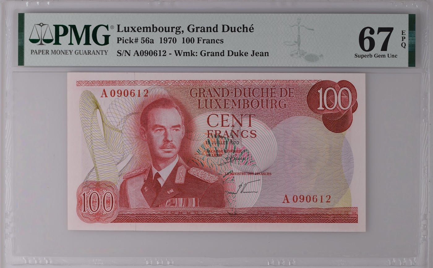 收藏联盟Quantum Auction 第272期拍卖 世界人口日专场 卢森堡1970年100法郎 PMG67 首发A冠 号码无3457 鲁道夫大桥入口俯瞰