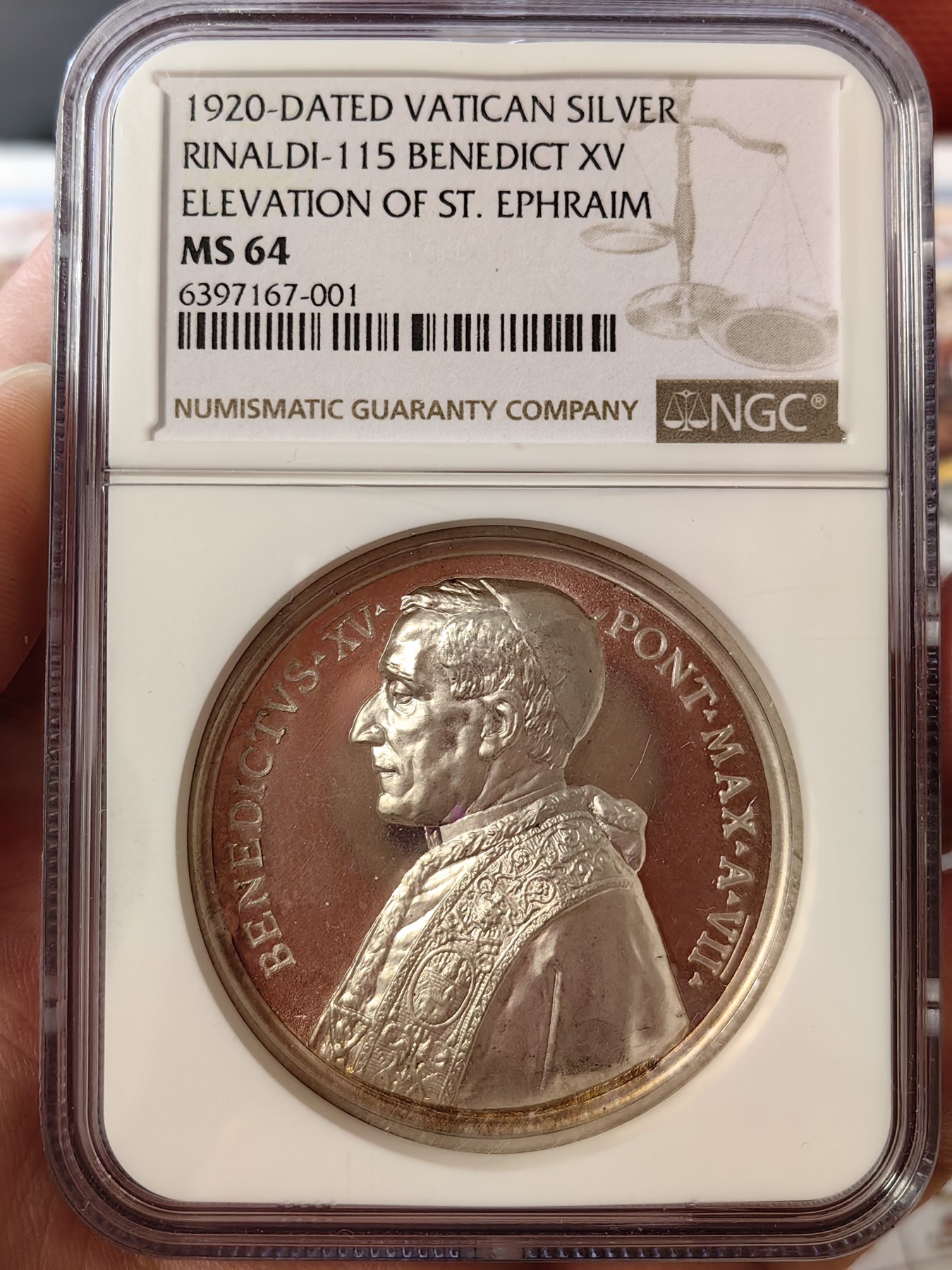 橡树集藏-006场 海纳百川 NGC-64 梵蒂冈 1920，教皇本笃十五世，“圣. 以法莲”封圣银章，高分，高浮雕镜面，细节精美，加厚盒。