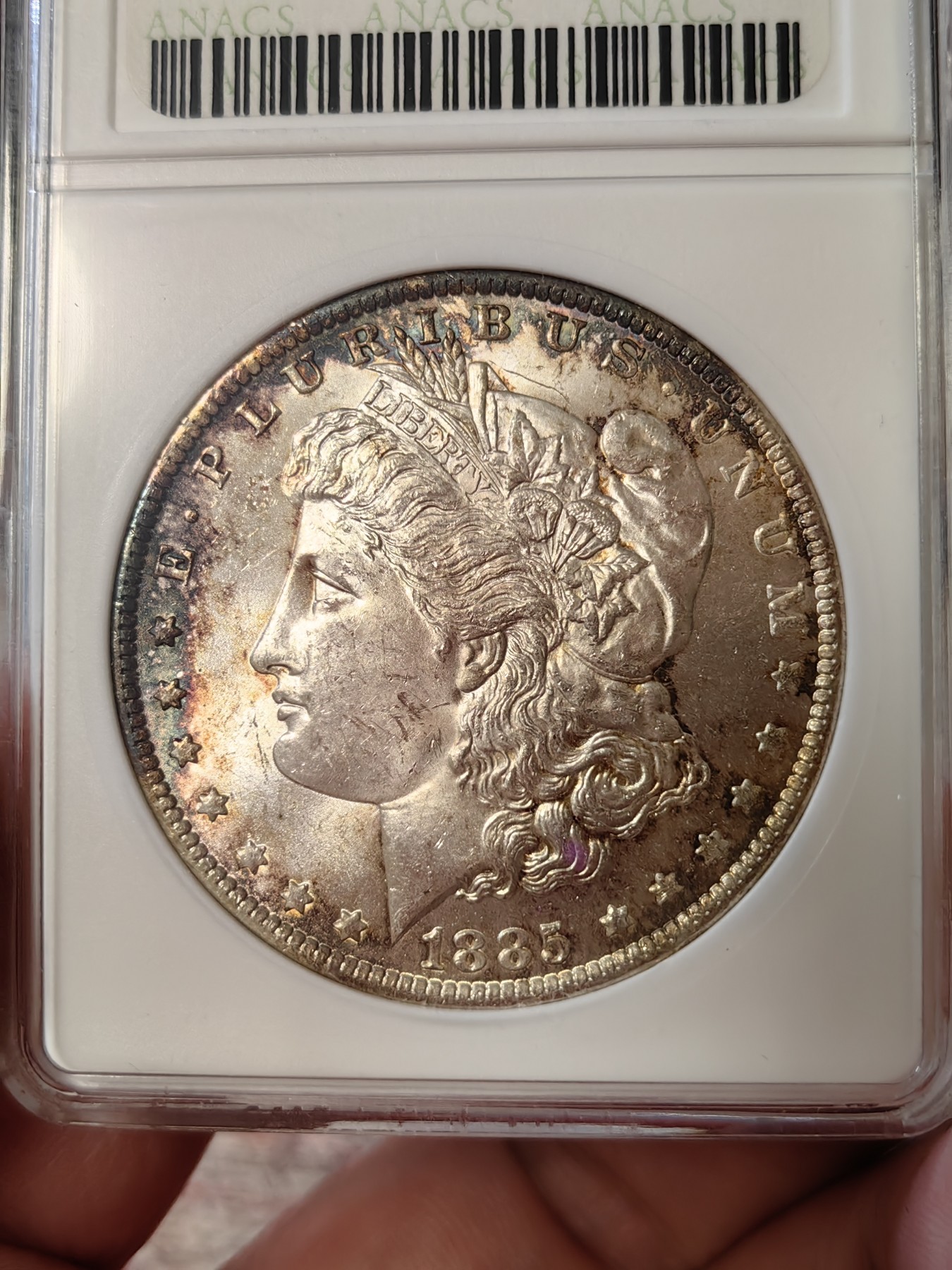 橡树集藏-006场 海纳百川 anacs-ms64 1885年o版美国摩根银元 双面老包浆 实物观感舒服 小白盒手感极佳 