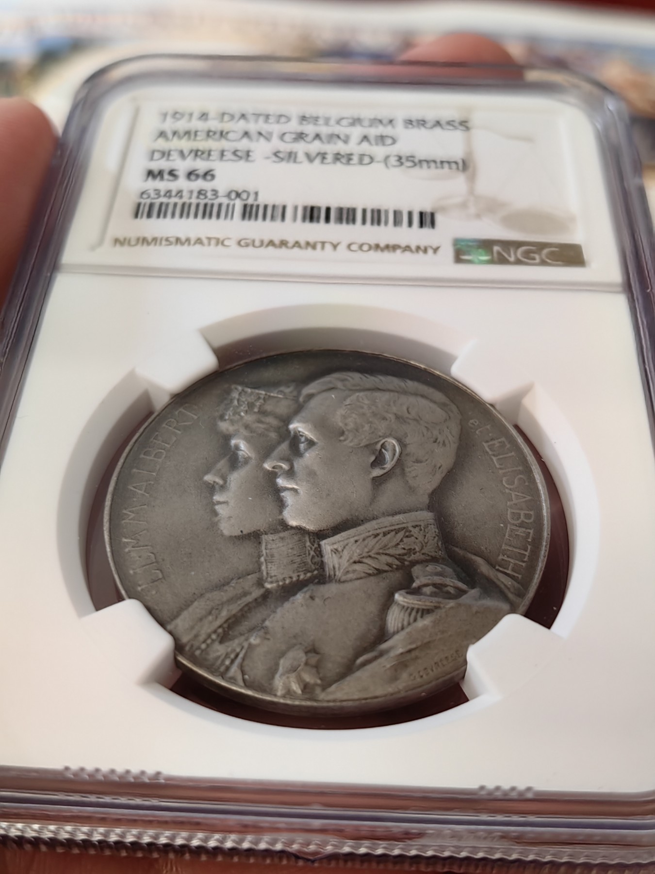 橡树集藏-006场 海纳百川 ngc-Ms66 1914年比利时镀银铜章 美利坚慷慨援助 数据库冠军分 高分好状态无出其右 高浮雕完美底板 裸体美利坚女神绝美 画面生动形象