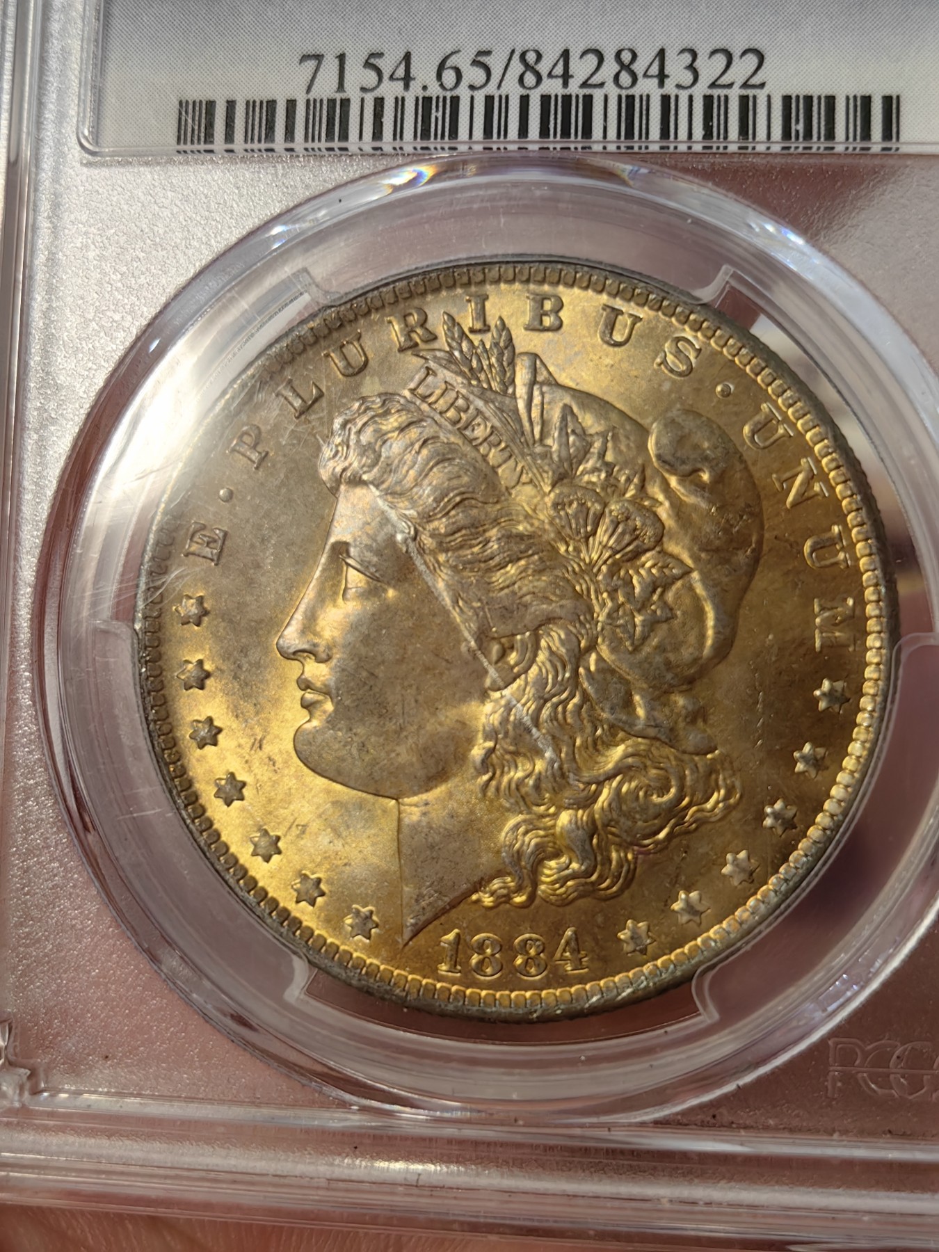橡树集藏-006场 海纳百川 pcgs-ms65 1884年o版美国摩根银元 金发美国摩登女郎 全金彩覆盖罕见 仿佛镀了一层金箔 炫目华贵 实物观感极佳