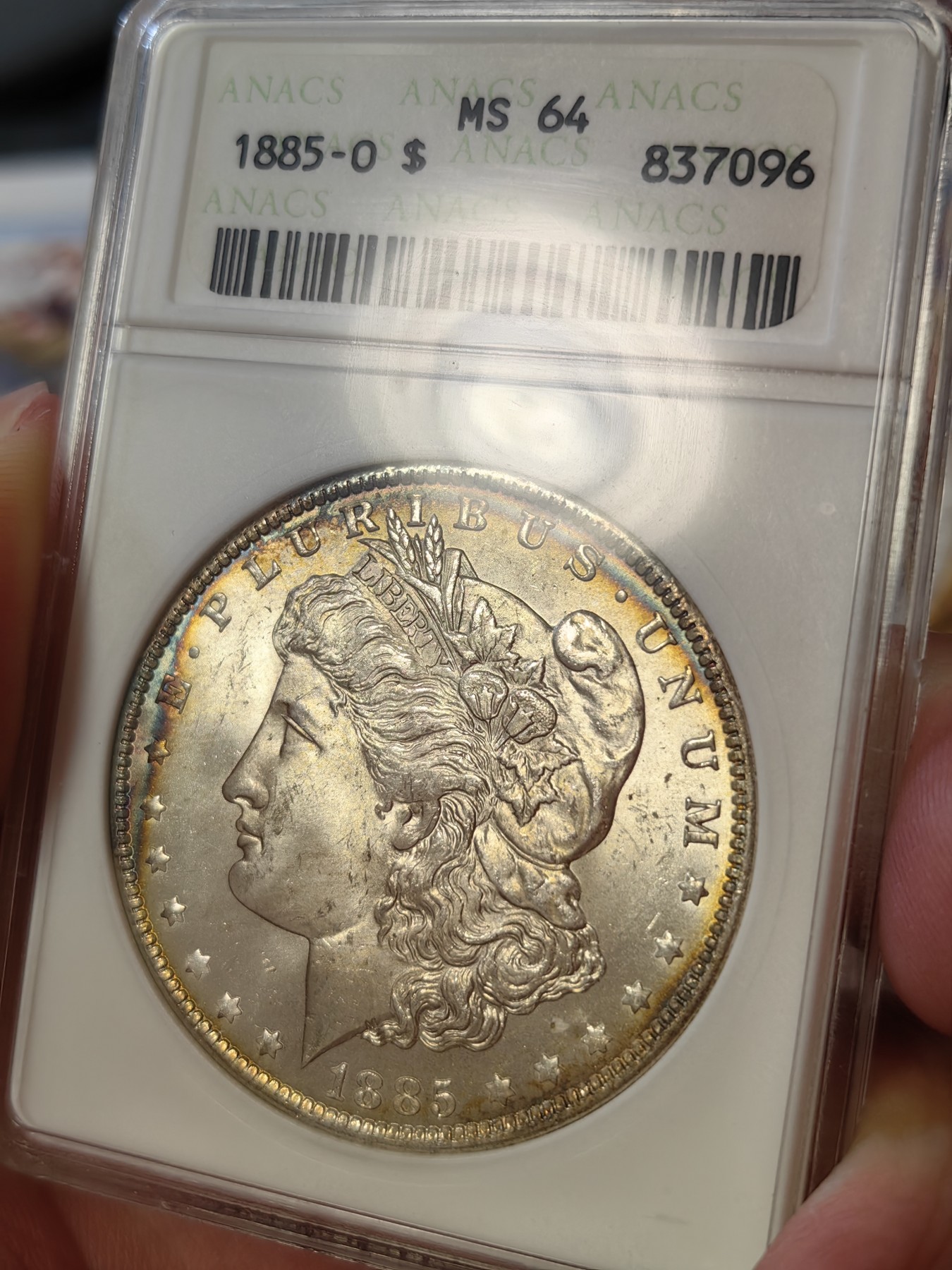 橡树集藏-006场 海纳百川 anacs-ms64 1885年o版美国摩根银元 双面环彩 车轮霜光 绝版小白盒 自藏好品