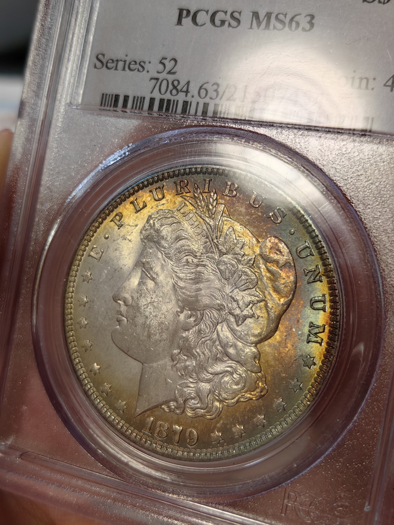 橡树集藏-006场 海纳百川 pcgs-ms63 1879年美国摩根银元 早期老盒子 少见橙红金彩 光泽绚丽