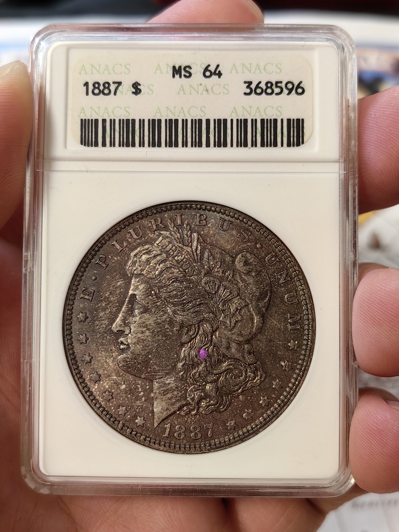 橡树集藏-006场 海纳百川 anacs-ms64 1887年美国摩根银元 正面醇厚黑彩 背面杏仁丝绸光  一阴一阳 视觉享受 绝版小白盒 赏玩佳品