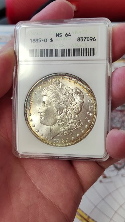橡树集藏-006场 海纳百川 anacs-ms64 1885年o版美国摩根银元 双面环彩 车轮霜光 绝版小白盒 自藏好品