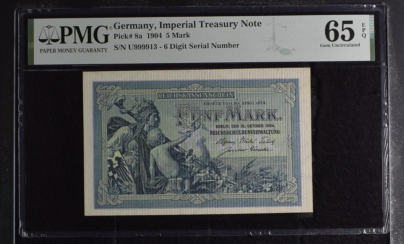 收藏联盟Quantum Auction 第272期拍卖 世界人口日专场 德国1904年5马克 PMG65 号码无47 狮子号9999开头