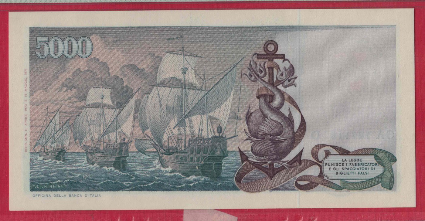 意大利5000里拉 1973年 P-102b 无4尾18 欧洲纸币 实物图 UNC