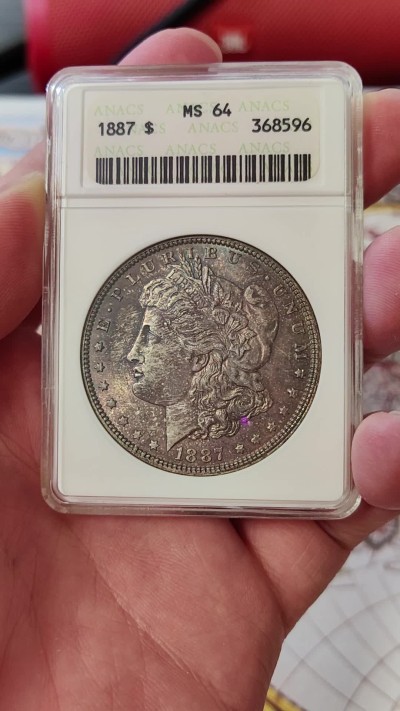橡树集藏-006场 海纳百川 anacs-ms64 1887年美国摩根银元 正面醇厚黑彩 背面杏仁丝绸光  一阴一阳 视觉享受 绝版小白盒 赏玩佳品