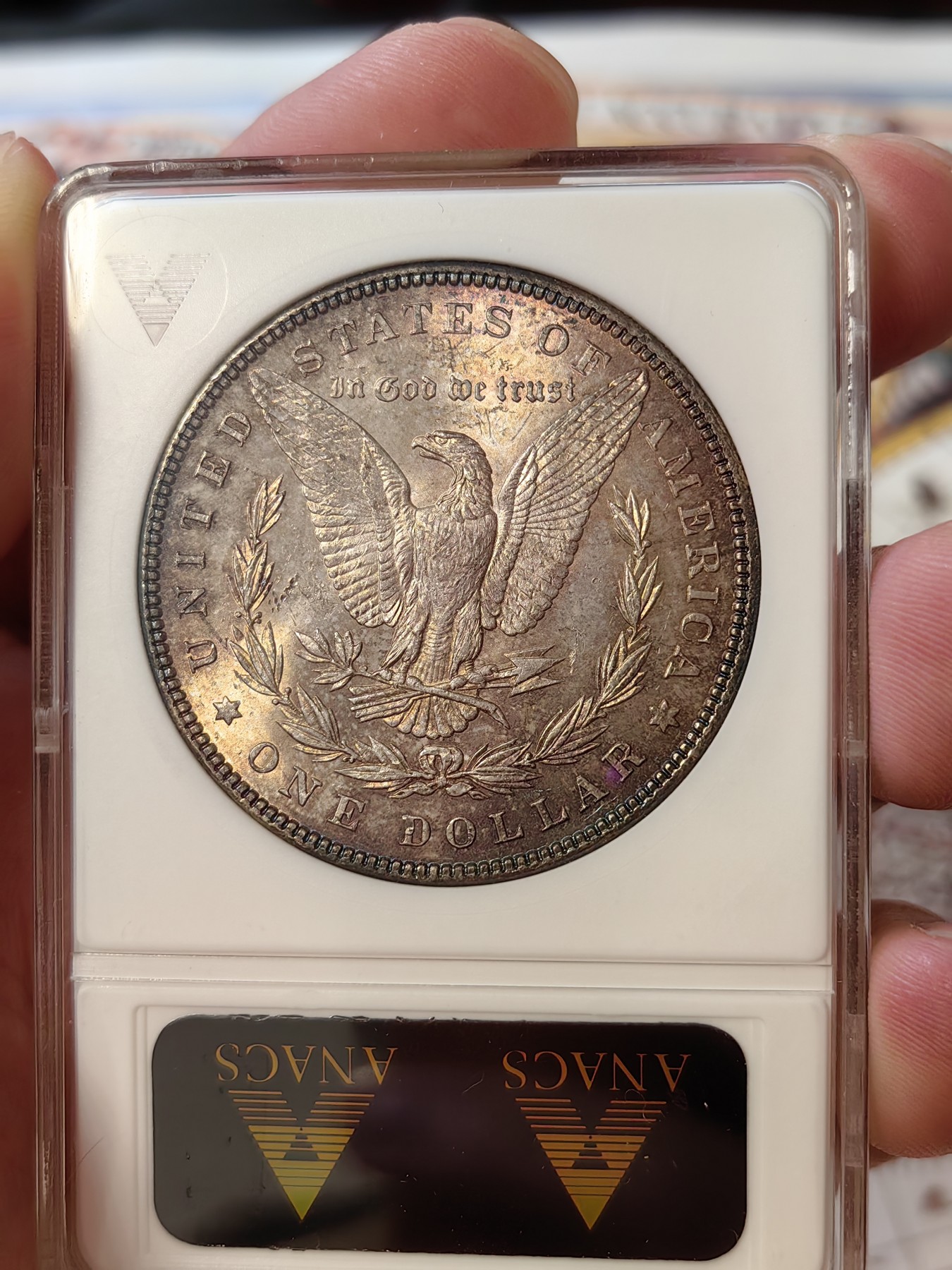 橡树集藏-006场 海纳百川 anacs-ms64 1887年美国摩根银元 正面醇厚黑彩 背面杏仁丝绸光  一阴一阳 视觉享受 绝版小白盒 赏玩佳品