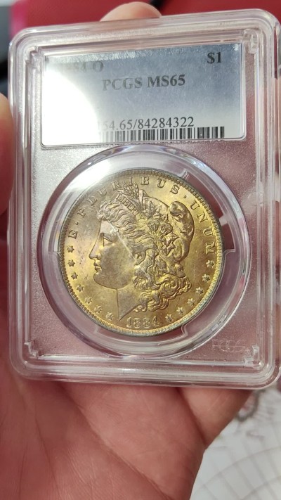 橡树集藏-006场 海纳百川 pcgs-ms65 1884年o版美国摩根银元 金发美国摩登女郎 全金彩覆盖罕见 仿佛镀了一层金箔 炫目华贵 实物观感极佳